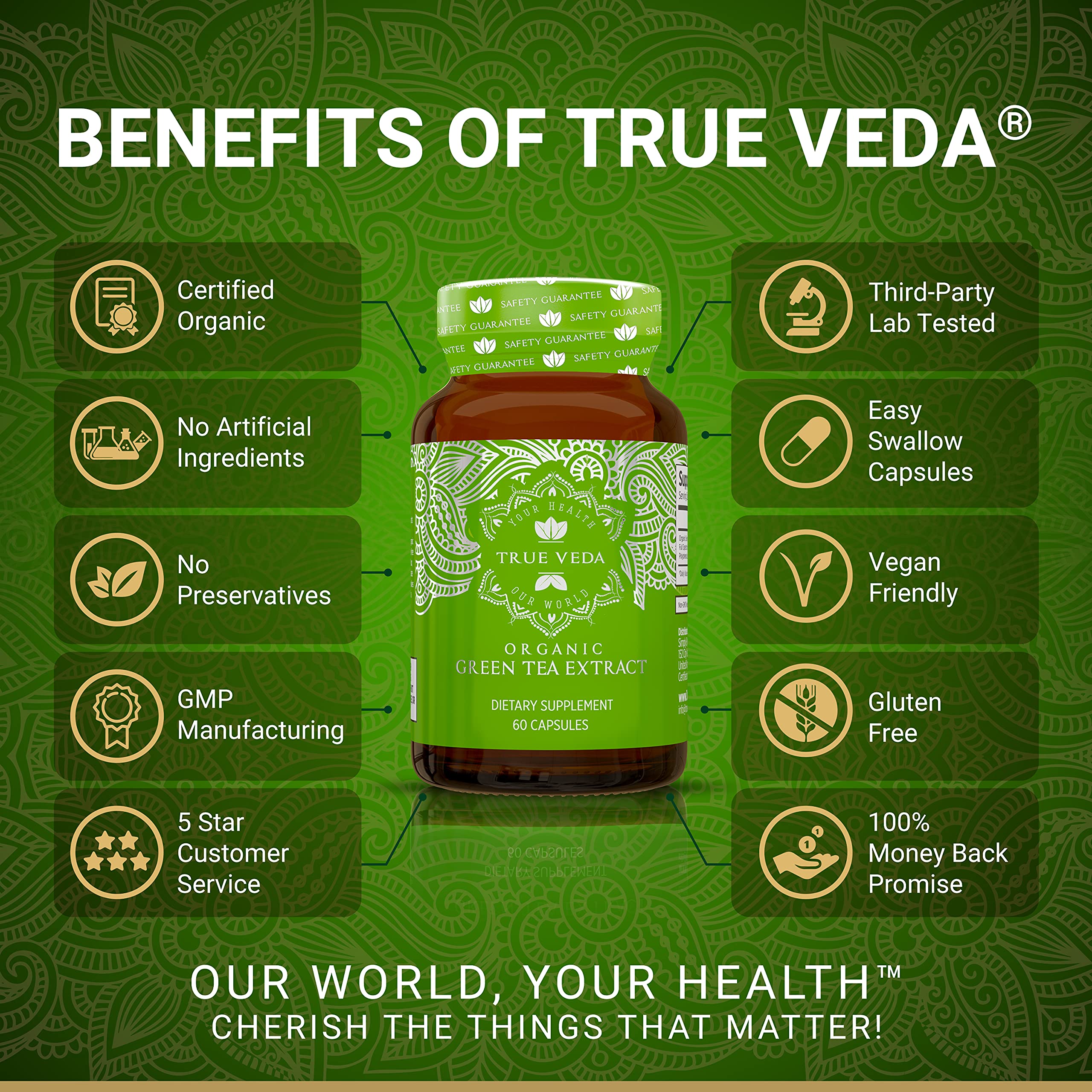 True Veda Green Tea Extract etiqueta orgánica USDA, garantía de calidad