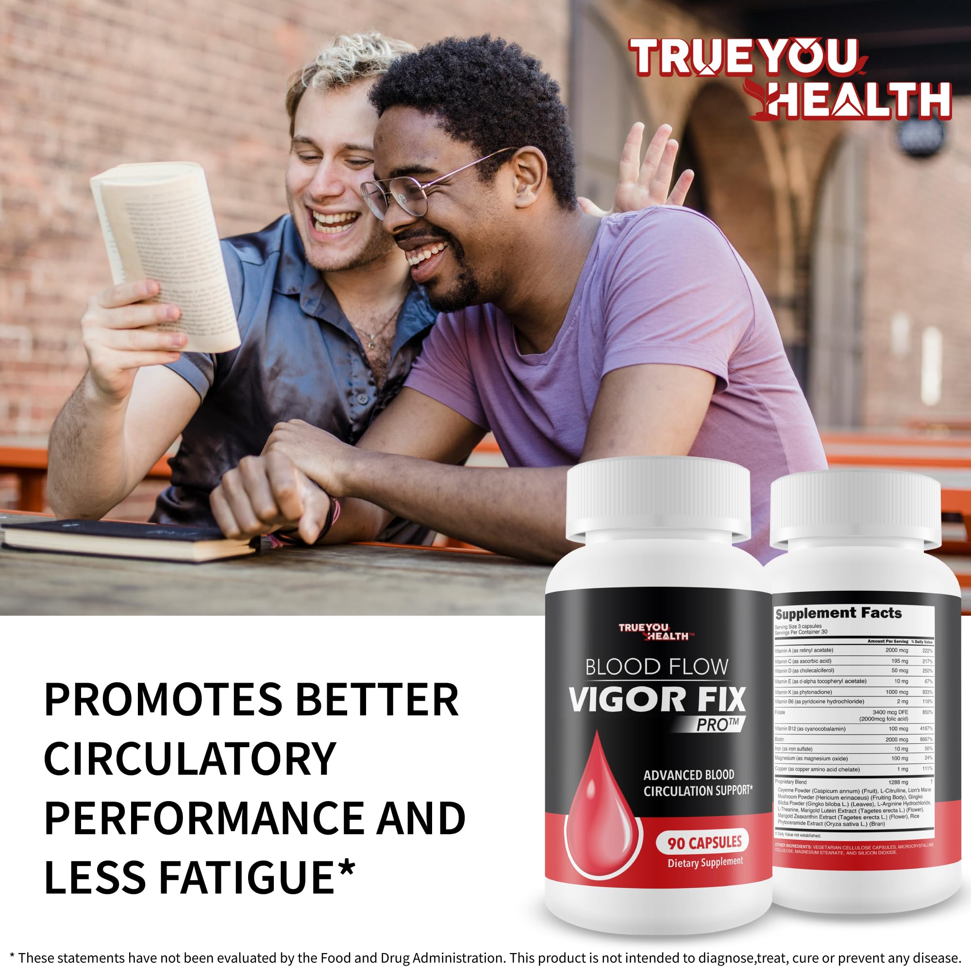Empaque de Blood Flow Vigor Fix Pro, diseño y etiqueta informativa.