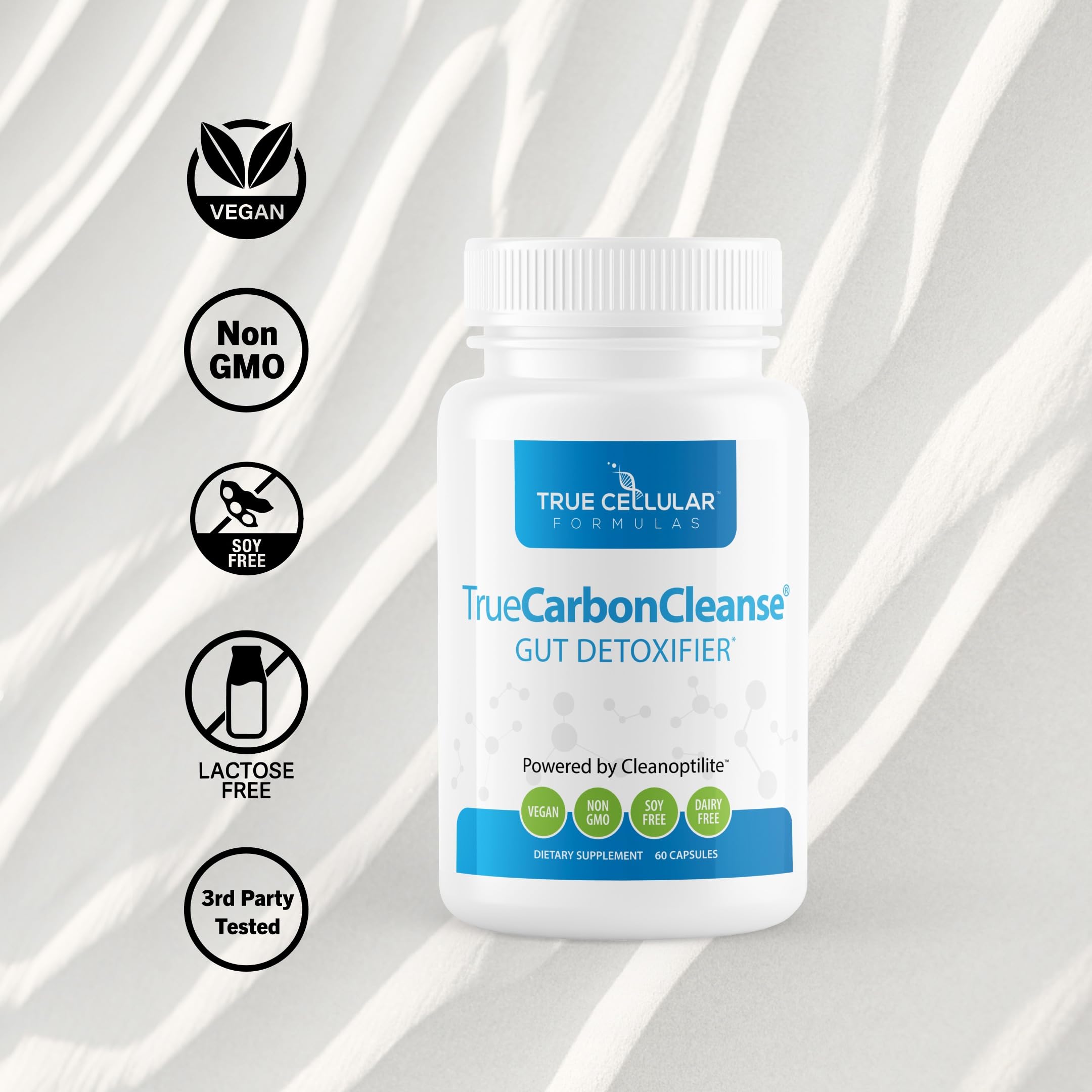 TrueCarbonCleanse etiqueta detalle, información clara sobre carbón activado y clinoptilolita.