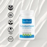 TrueCarbonCleanse etiqueta detalle, información clara sobre carbón activado y clinoptilolita.