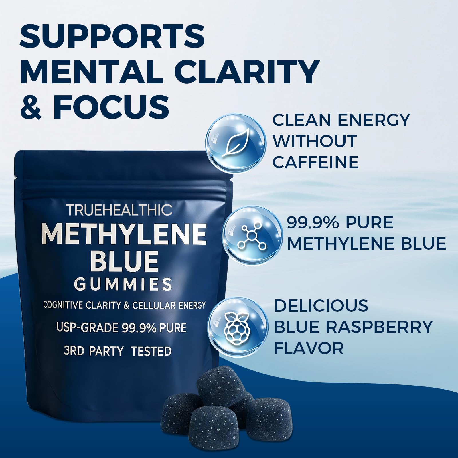 TRUEHEALTHIC gomitas de azul de metileno para estudio, sabor frambuesa azul