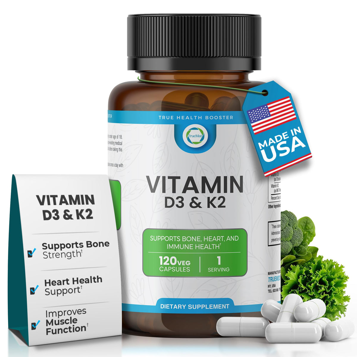 TRUEMED D3 K2 5000 IU botella frontal con información para huesos saludables