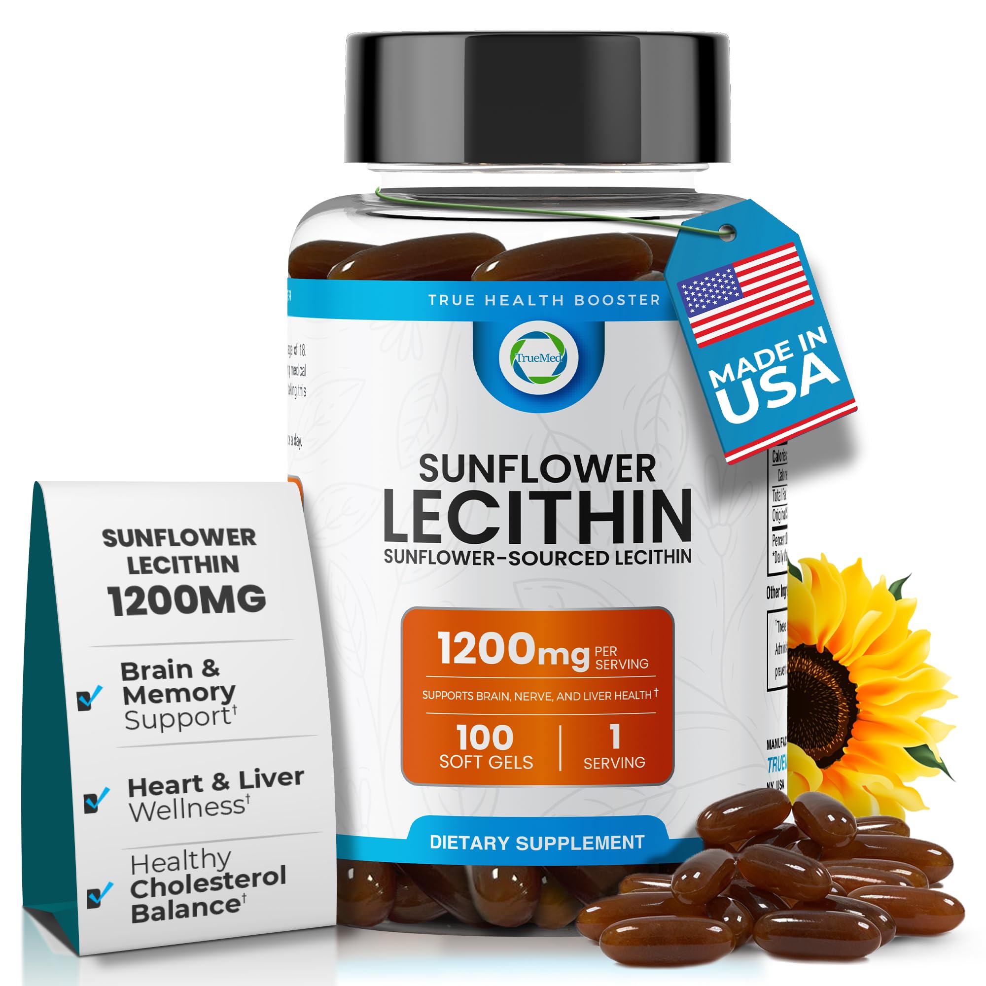 TRUEMED Lecitina de girasol 1200 mg en botella: apoyo a la claridad mental.