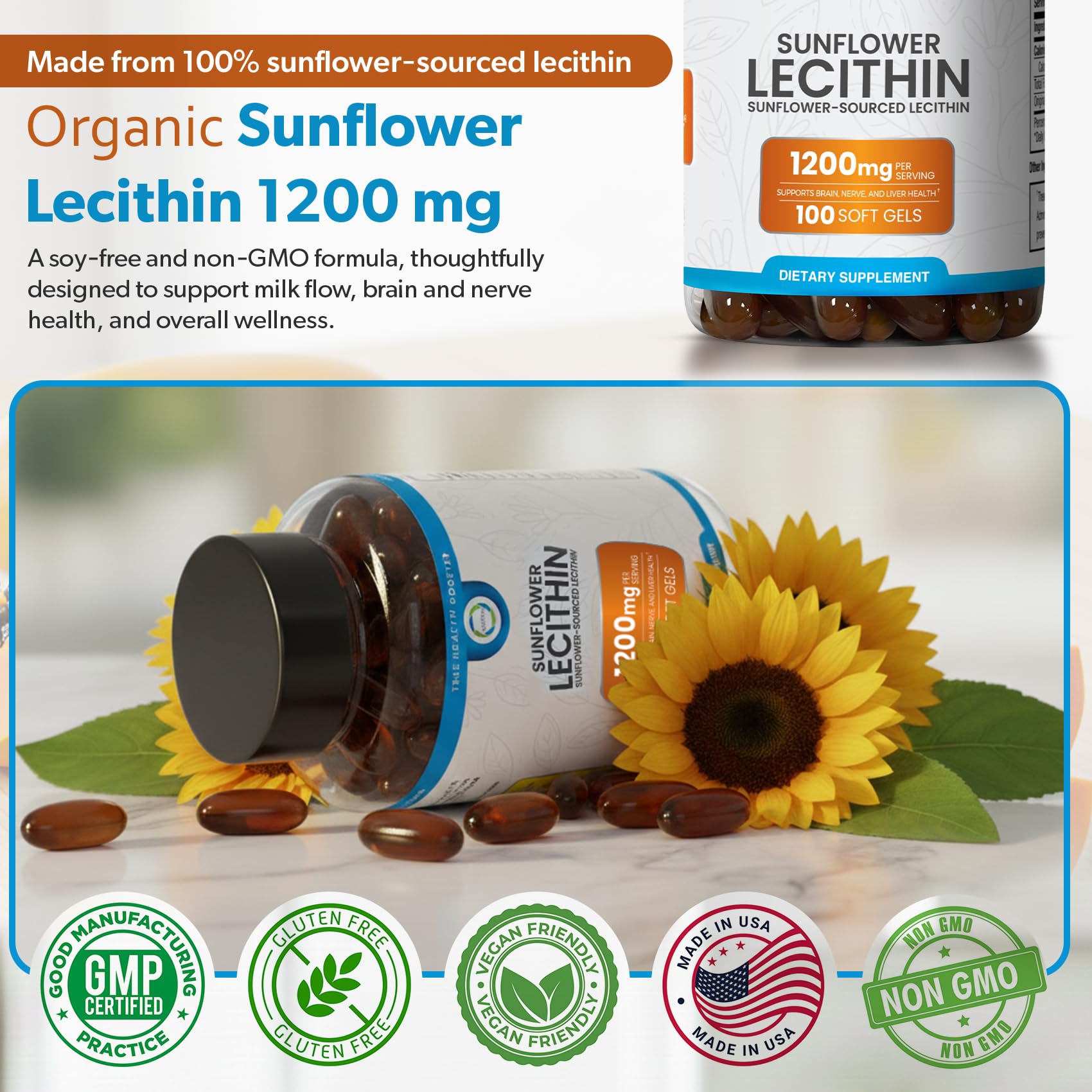 TRUEMED Lecitina de girasol: pureza de planta en cada cápsula.