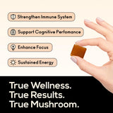 Detalle de textura de las gomitas TrueMushroom, experiencia suave y agradable