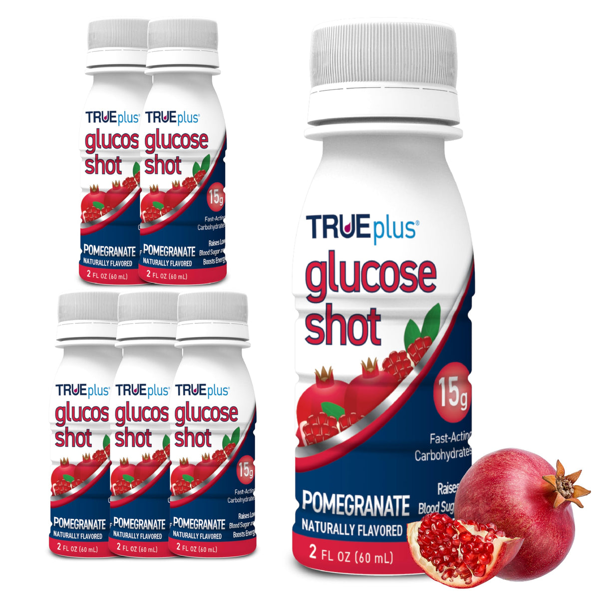 TRUEplus dosis de glucosa granada, envase compacto para llevar fácilmente.