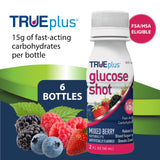 TRUEplus Glucosa Shot frambuesa, diseño de apertura fácil para consumo rápido