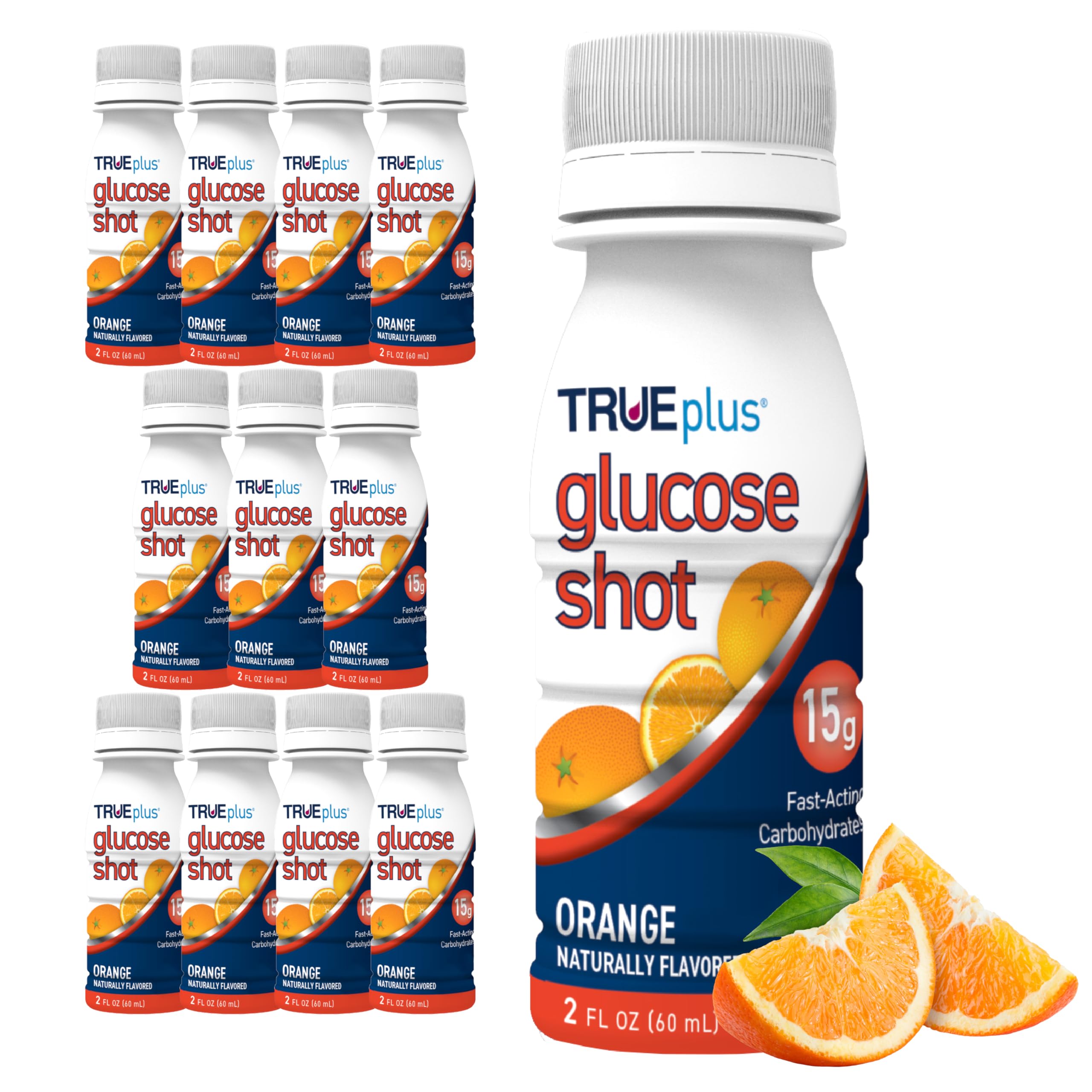TRUEplus Glucose Shot naranja en envase, fácil de abrir para energía rápida.