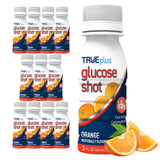 TRUEplus Glucose Shot naranja en envase, fácil de abrir para energía rápida.