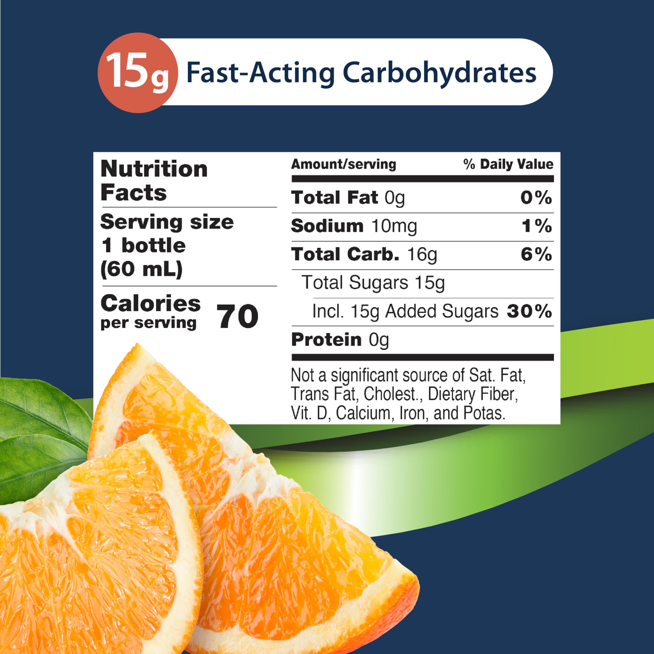 TRUEplus Glucose Shot sabor naranja, cítrico suave para tragar fácilmente.