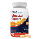 TRUEplus glucose tablets orange bottle close-up showing easy-open packaging for quick use