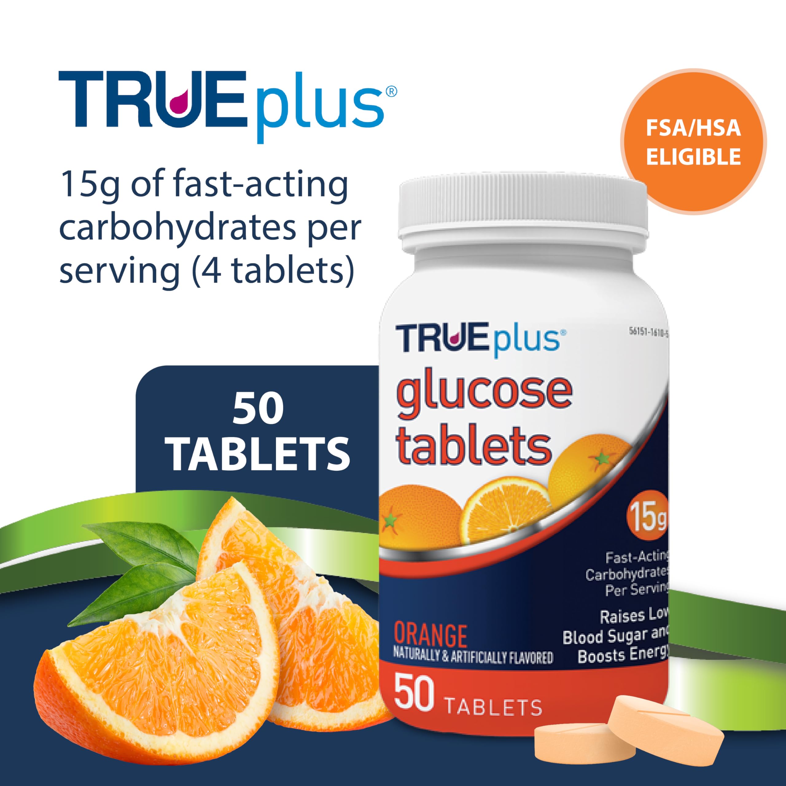 TRUEplus glucose tablets orange-flavor pack on counter highlighting tasty, easy consumption