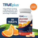 TRUEplus glucose tablets orange-flavor pack on counter highlighting tasty, easy consumption