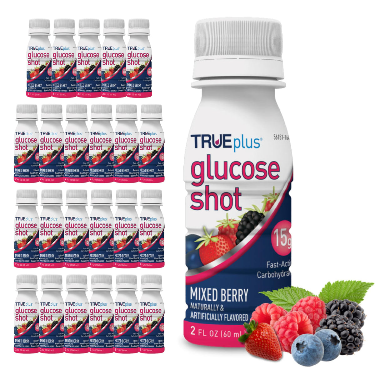 TRUEplus Glucose Shot: botella de bayas mixtas para elevar rápidamente la glucosa durante la actividad.