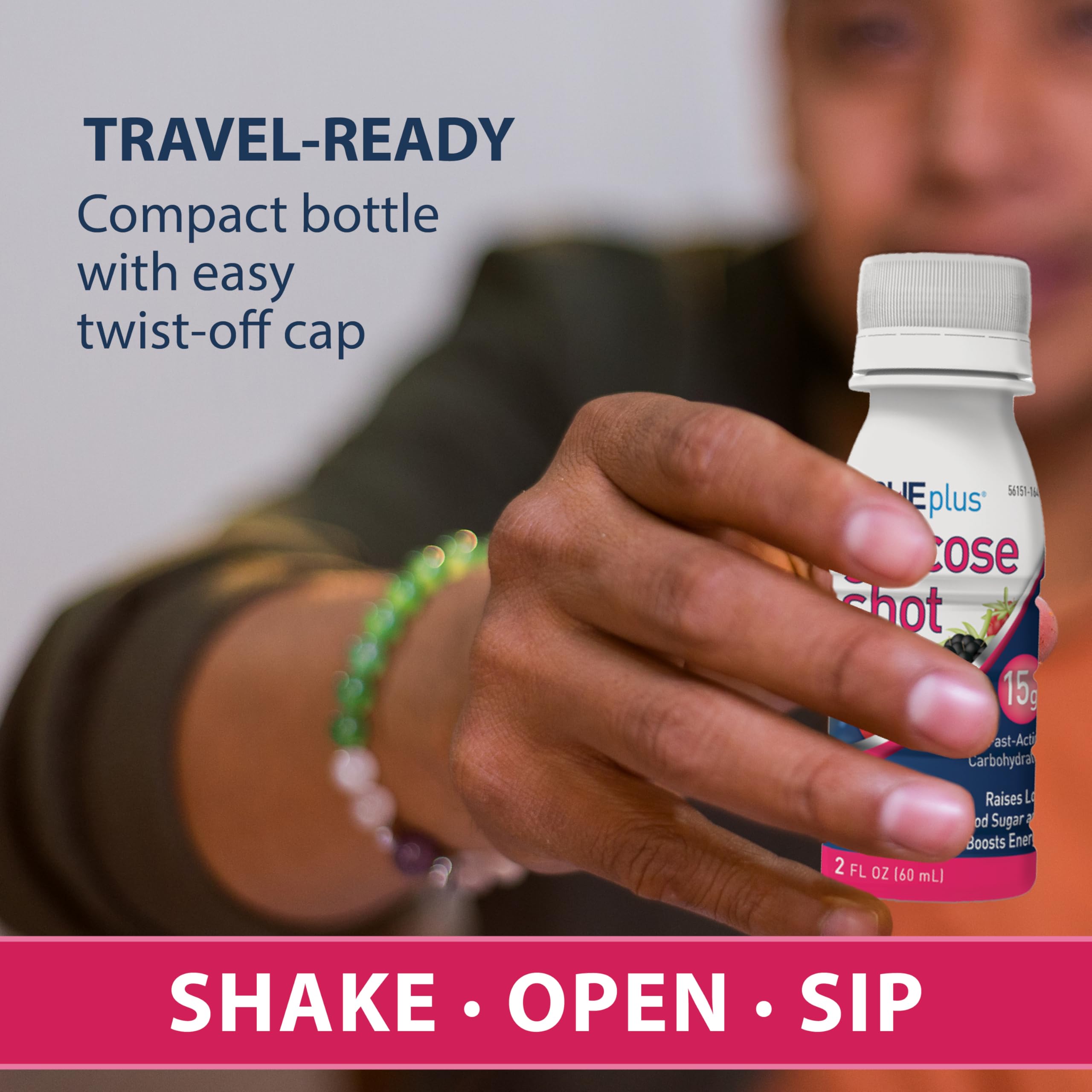 TRUEplus Glucose Shot: formato compacto para llevar en la bolsa o mochila.