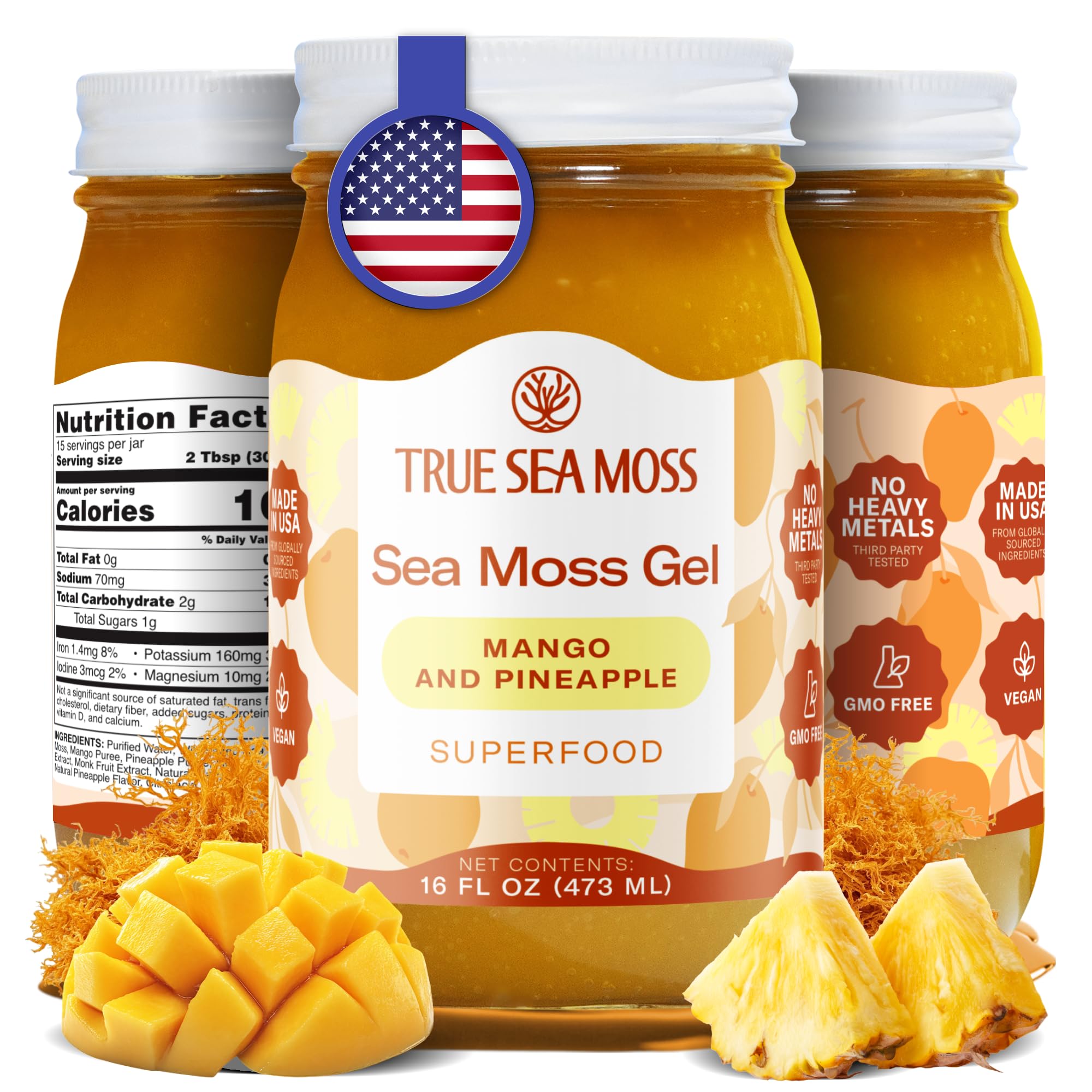Gel TrueSeaMoss mango-pina, textura suave para bebidas y desayunos.