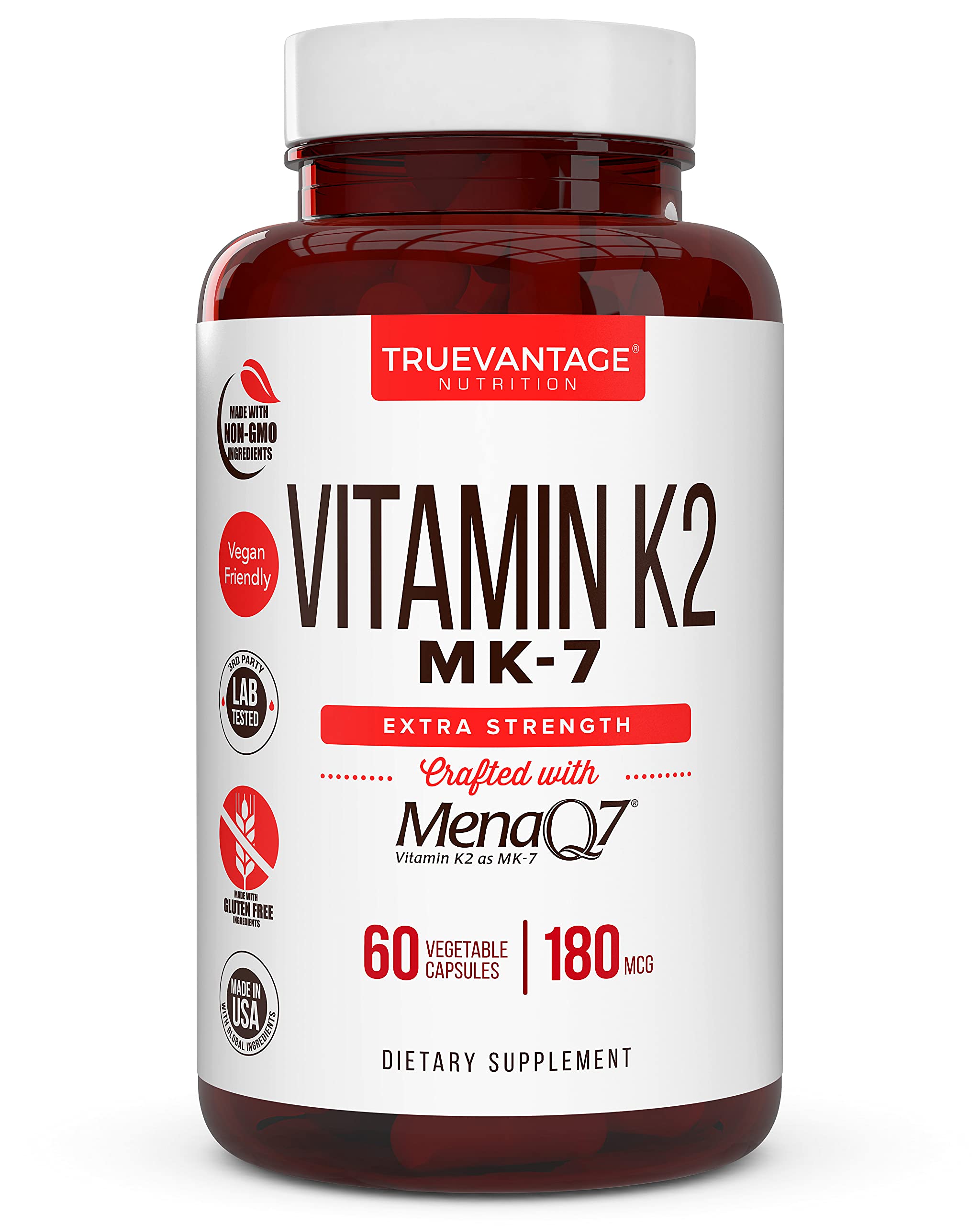 Botella de Truevantage Nutrition K2 MK-7 180 mcg, cápsulas vegetales para densidad ósea
