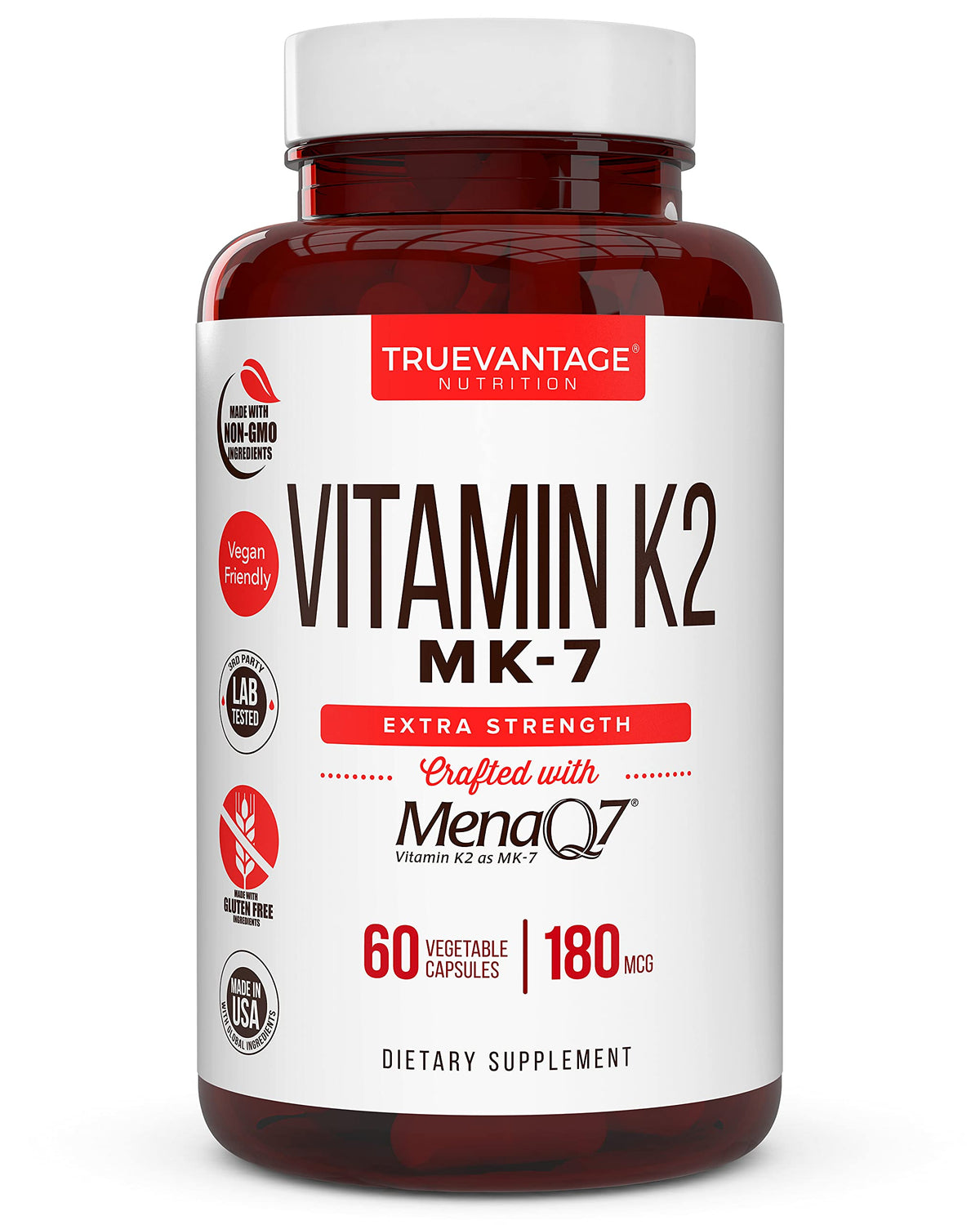 Botella de Truevantage Nutrition K2 MK-7 180 mcg, cápsulas vegetales para densidad ósea