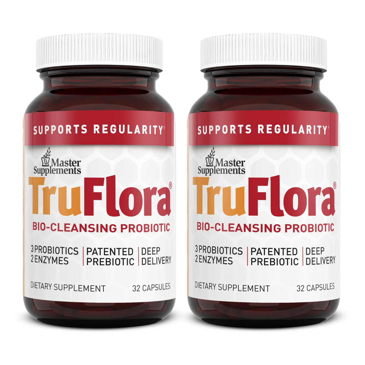 TruFlora cápsulas frente a la botella para uso diario.