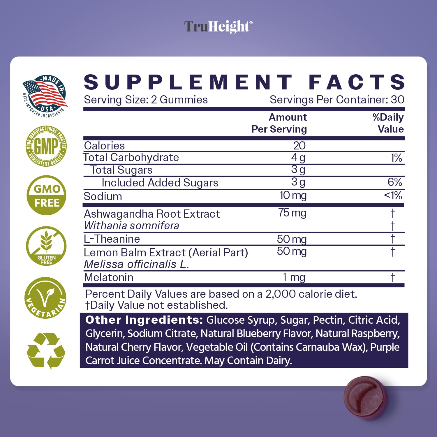 TruHeight Sleep Gummies: contiene ashwaganda para manejo del estrés nocturno.