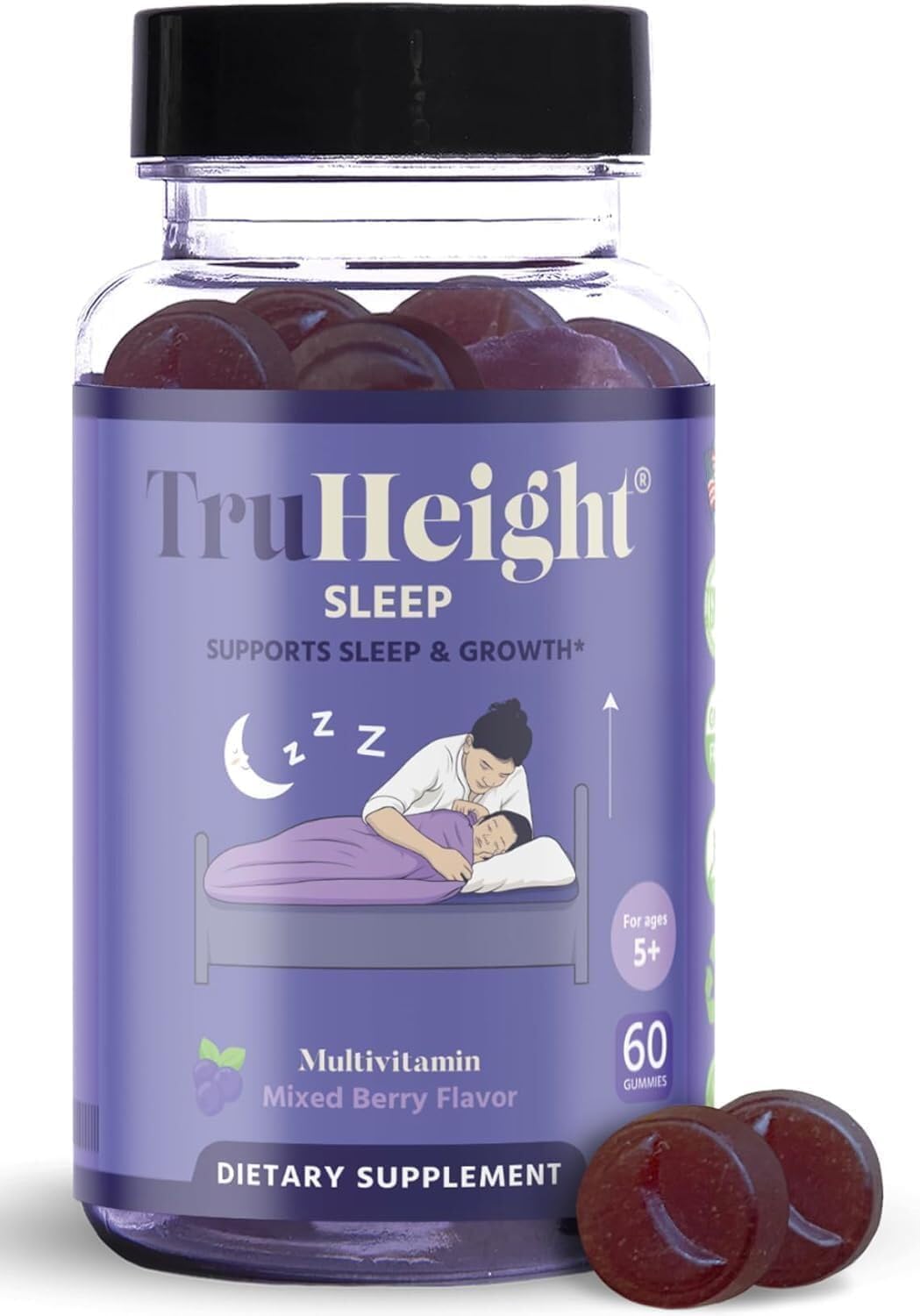 TruHeight Sleep Gummies: botella, descanso nocturno natural para niños.