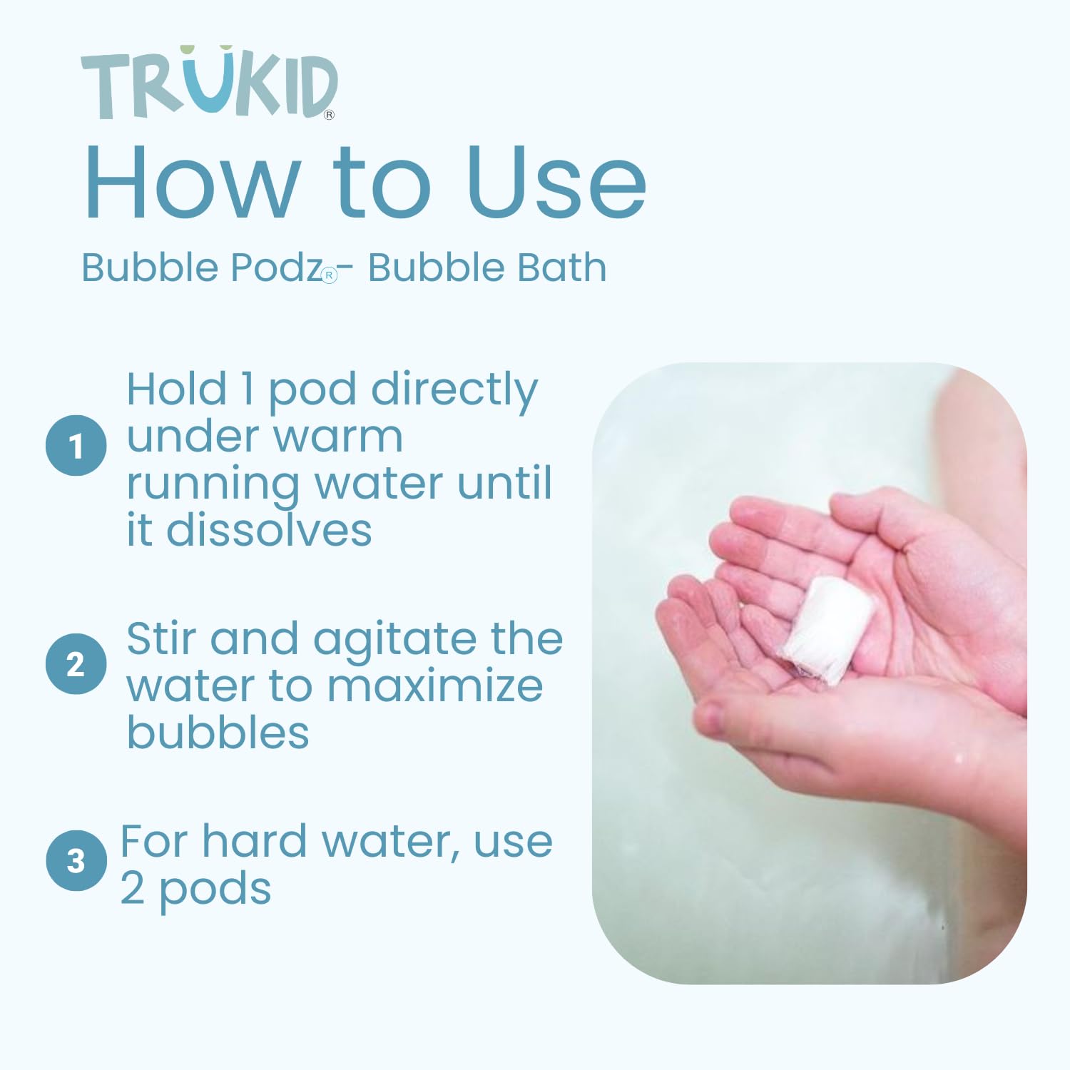 Espuma abundante de TruKid Bubble Podz que facilita el lavado de los niños