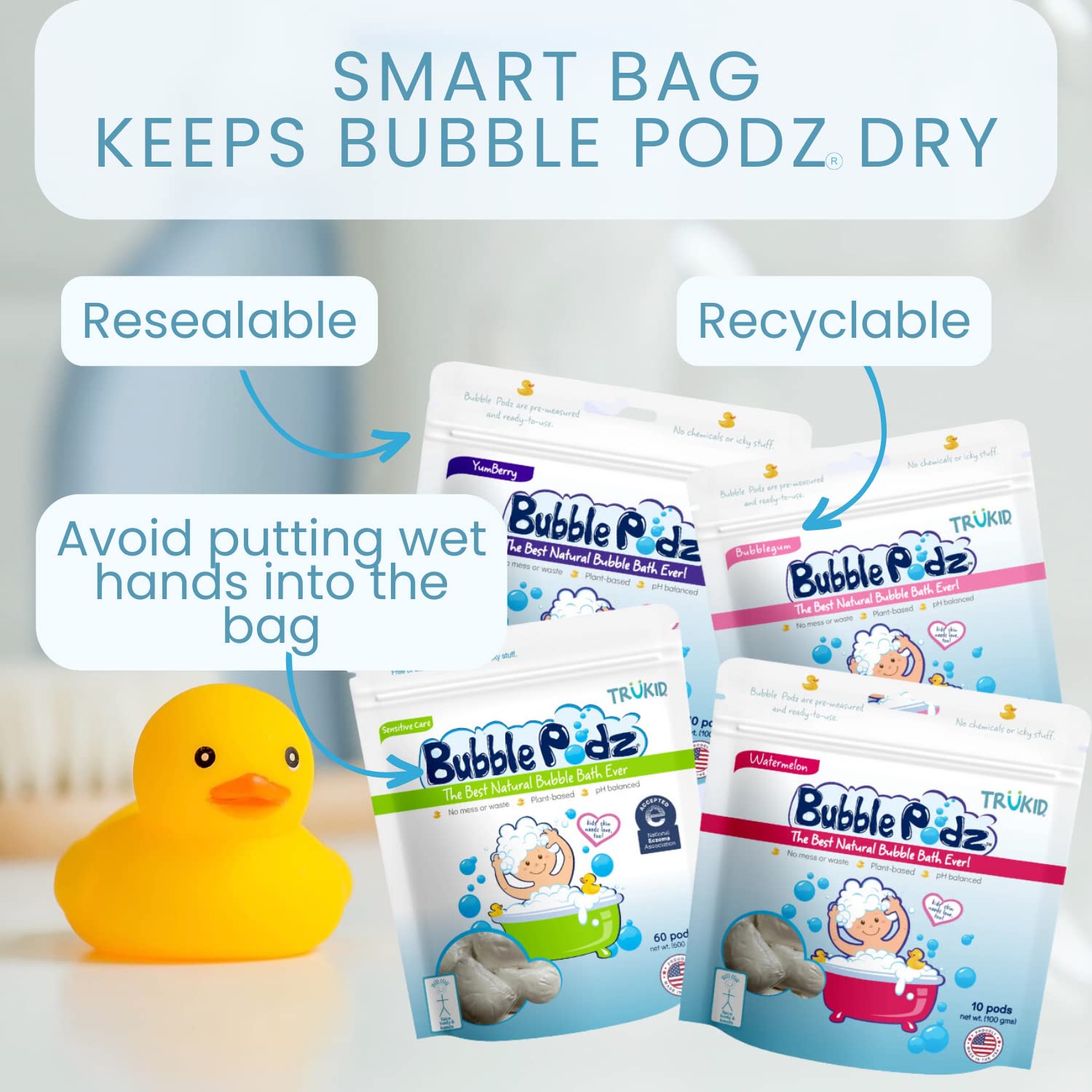 Uso diario de TruKid Bubble Podz ofrece cuidado suave para la piel