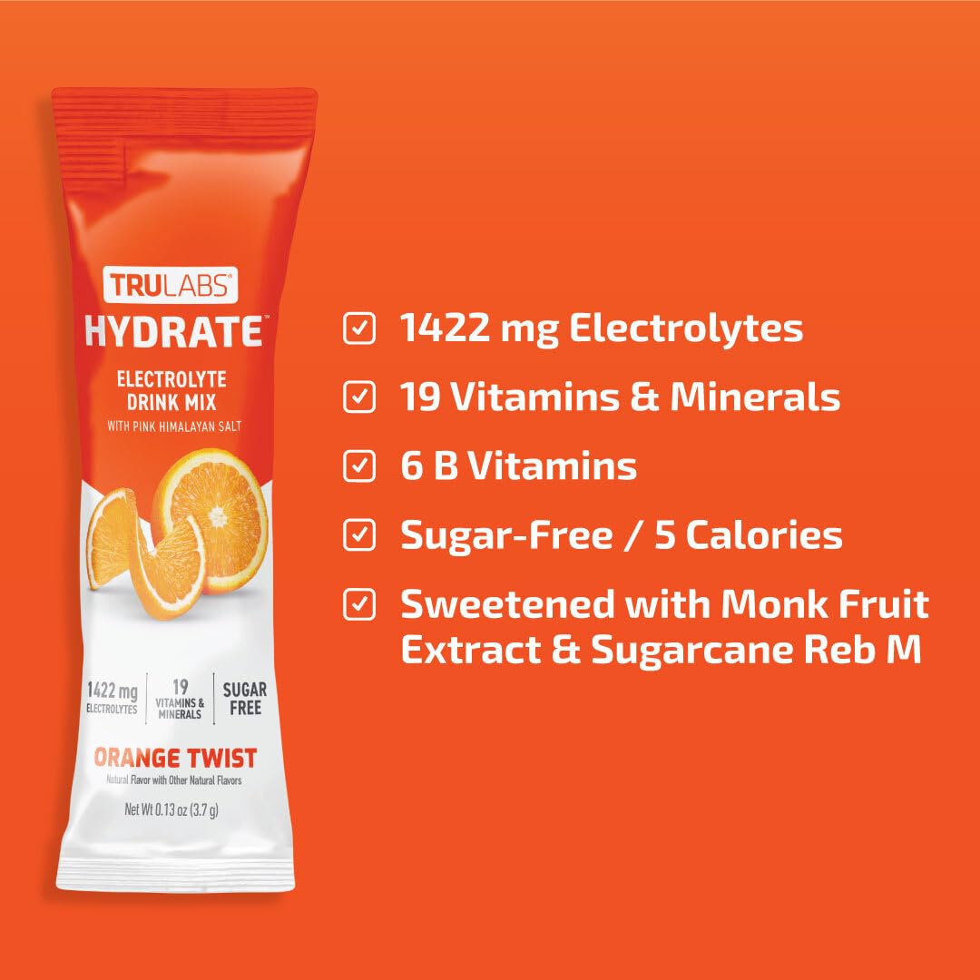 TRULABS Hydrate Naranja Twist: mezcla en agua para electrolitos en segundos.