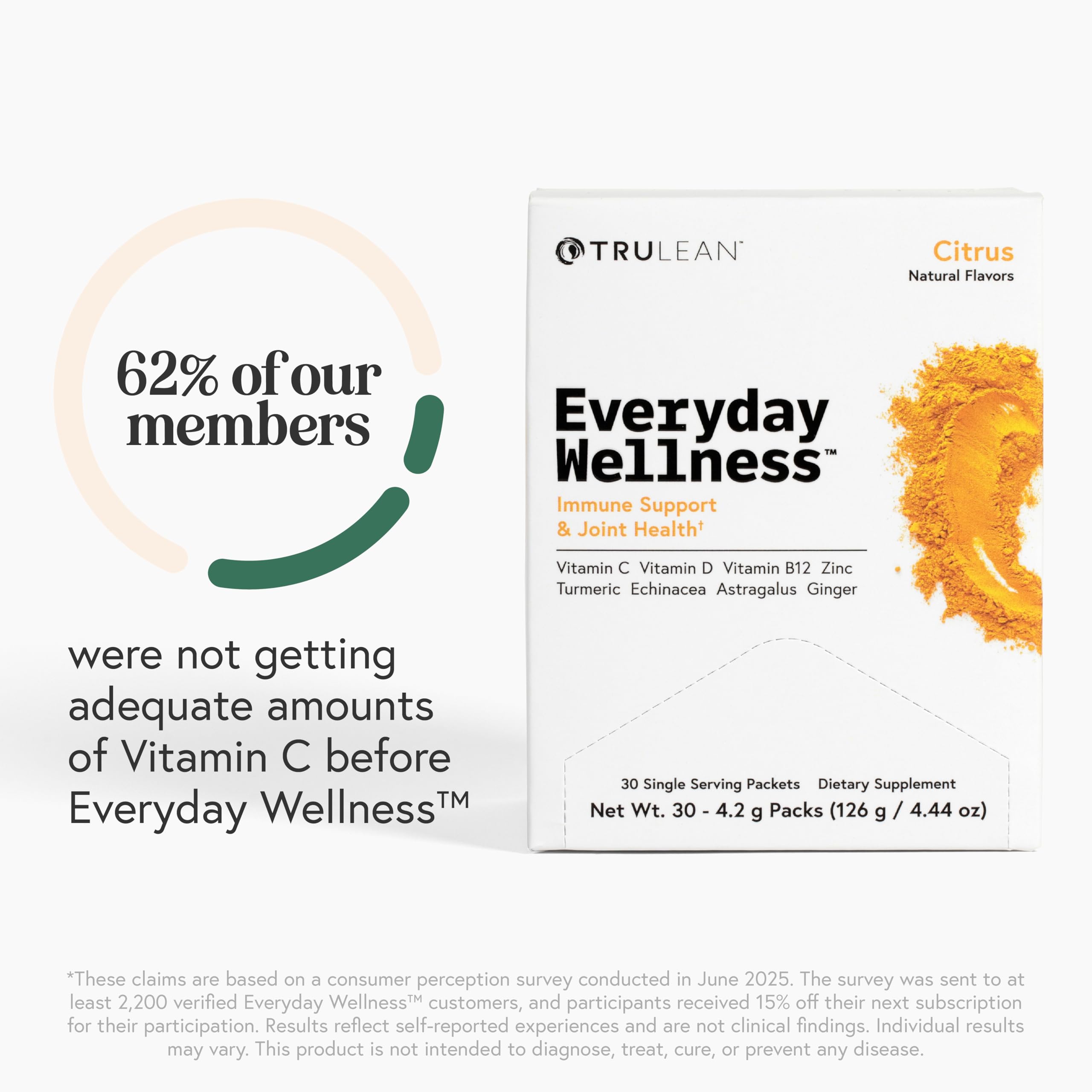 TRULEAN Everyday Wellness Shot etiqueta muestra ingredientes y valores sin gluten.