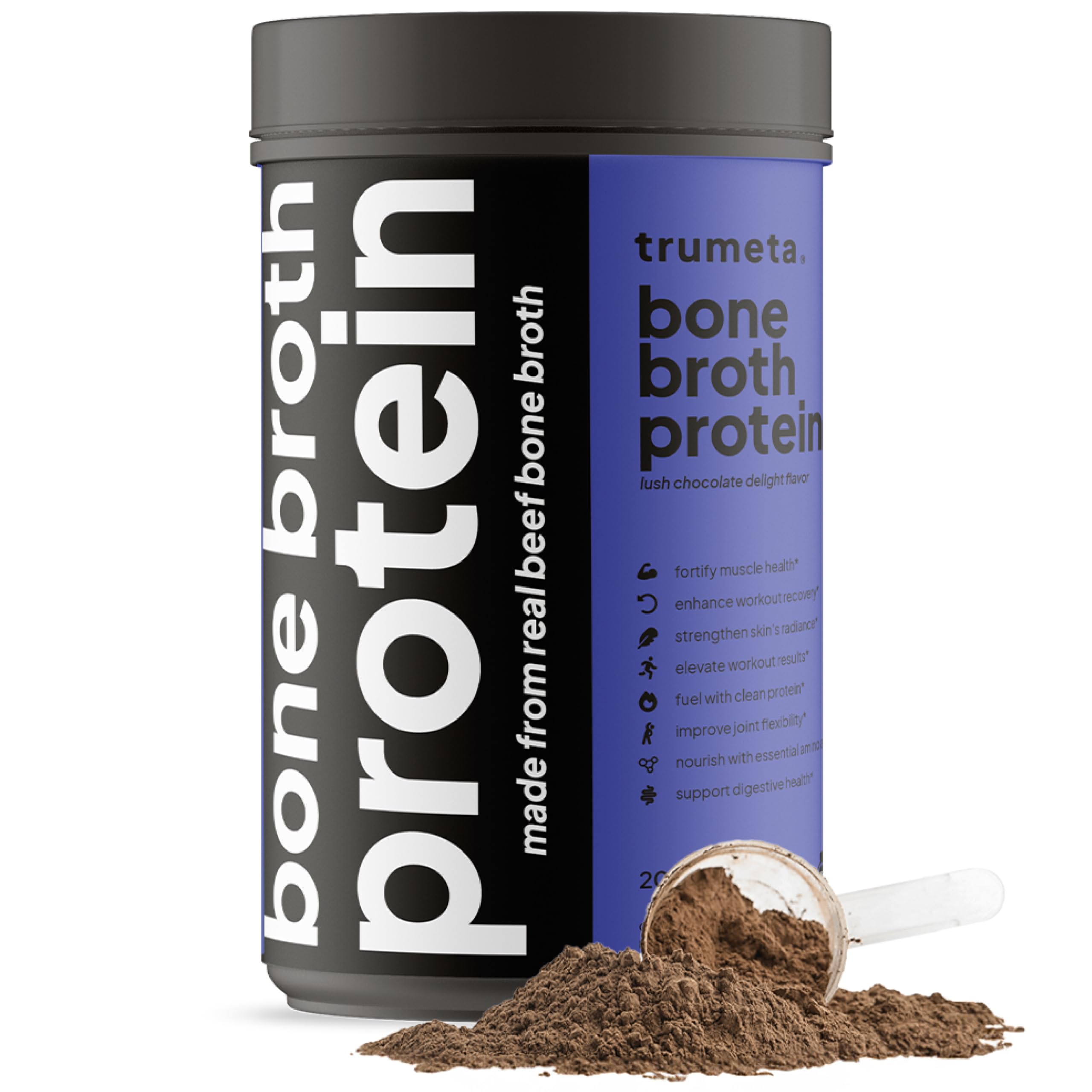 TRUMETA caldo de hueso cacao envase: sabor intenso y proteína para batidos.