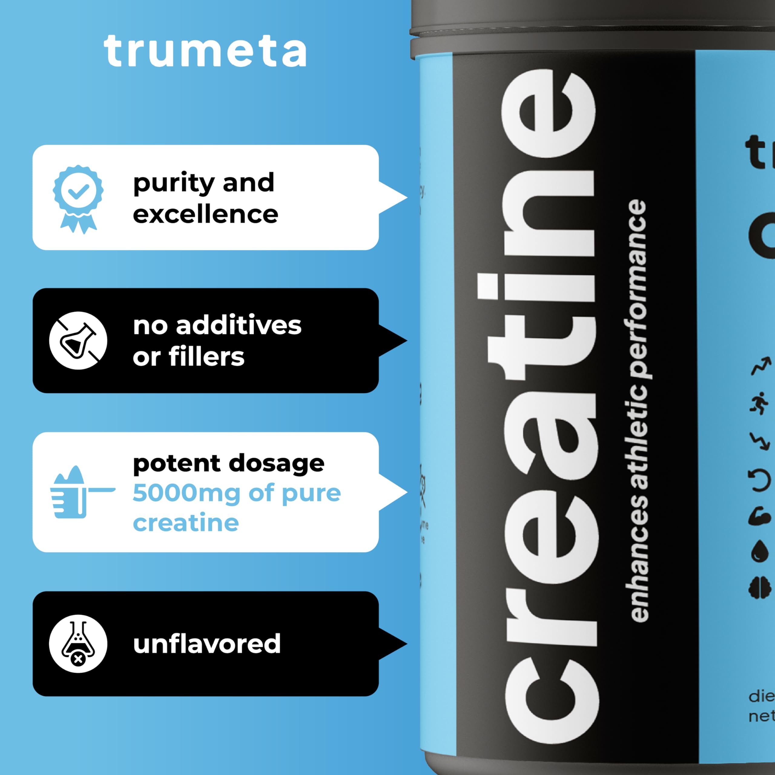 TRUMETA Creatina Monohidrato, envase detalle, pureza y rendimiento constante