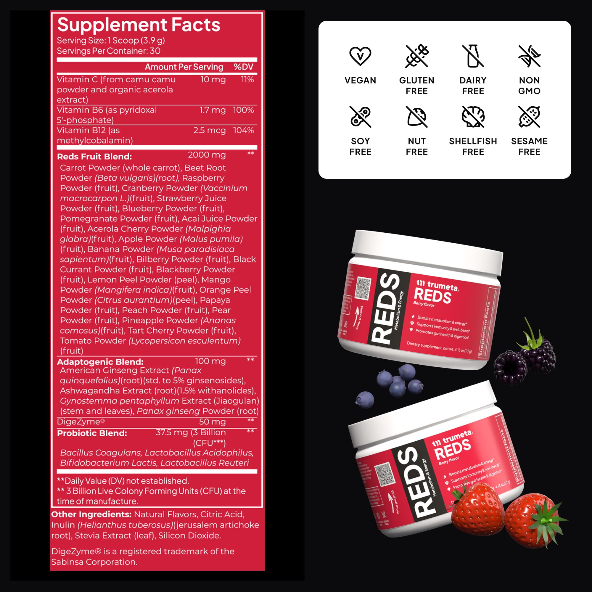 TRUMETA Reds Powder con etiqueta de frasco, ideal para incorporar en la rutina diaria.