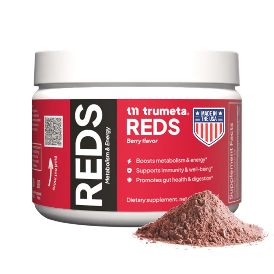 TRUMETA Reds Powder en tarro, ideal para consumo diario y energía sostenida.