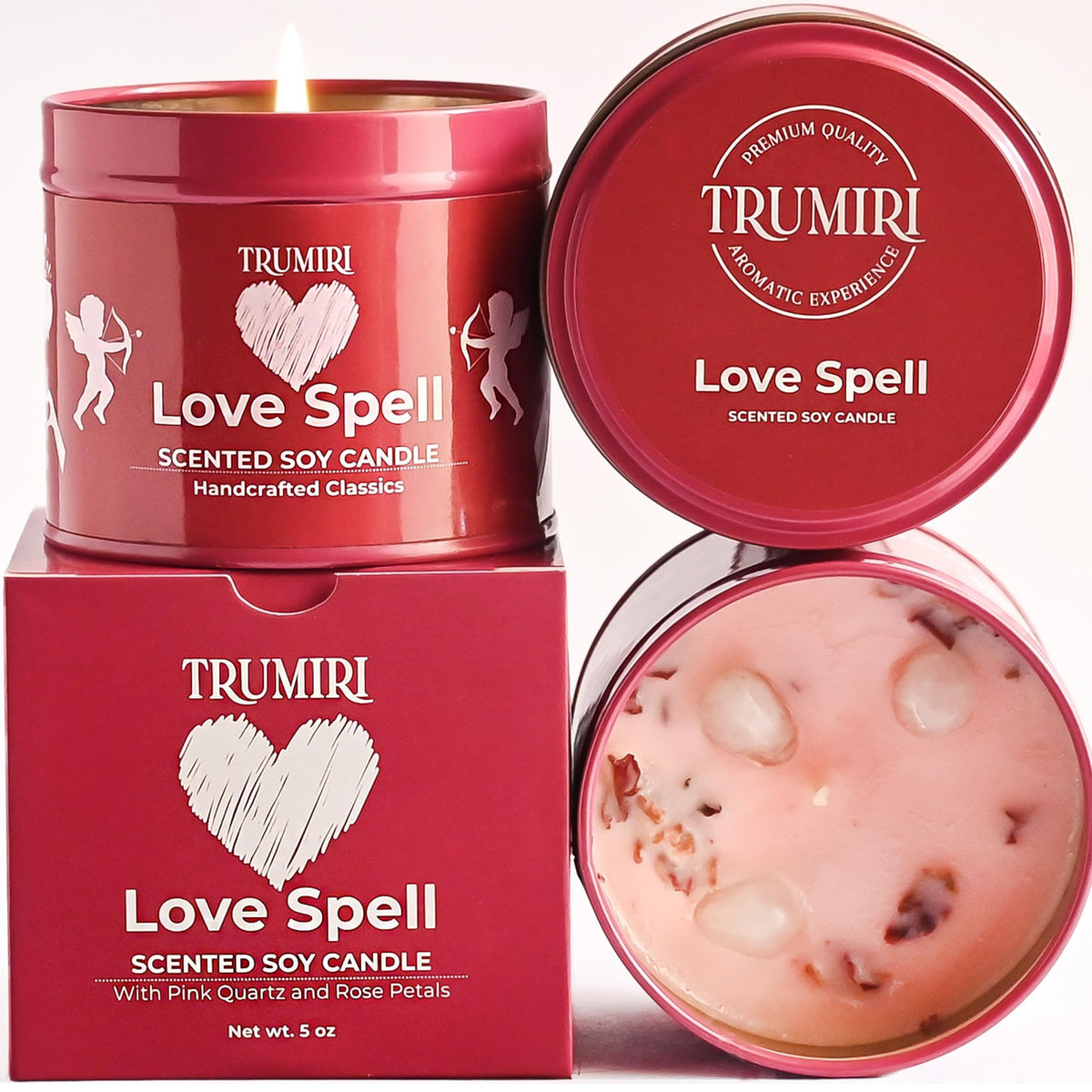 Vela TRUMIRI Love Spell con petalos de rosa para ambientacion romantica.
