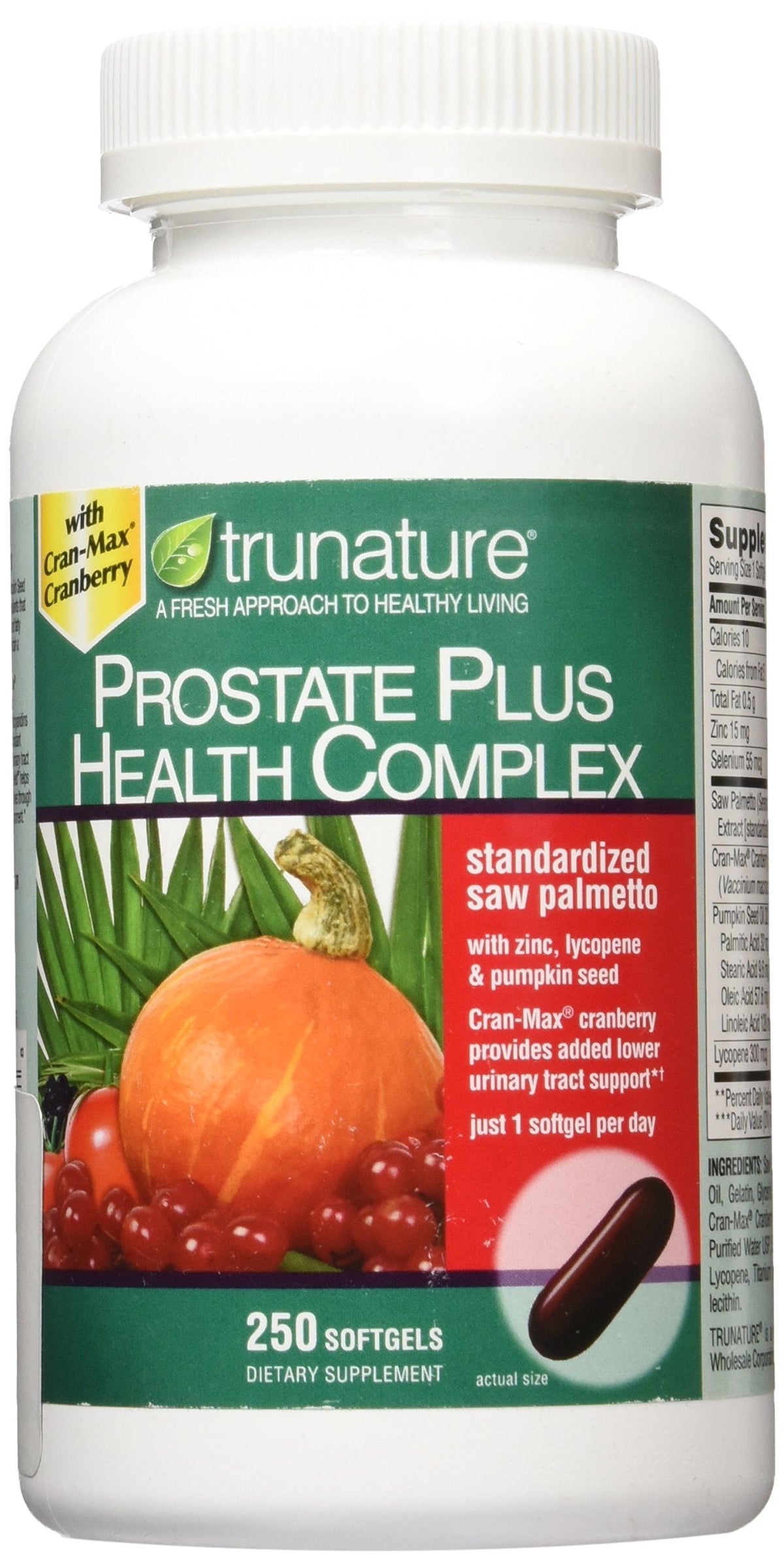 TruNature Saw Palmetto Prostate Health Complex botella con cápsulas, posible apoyo a la salud prostática.