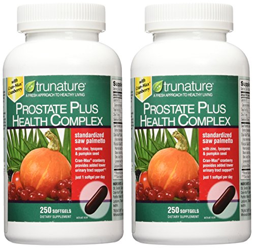 TruNature Saw Palmetto Prostate Health Complex cápsulas, etiqueta visible; zinc y licopeno destacan.
