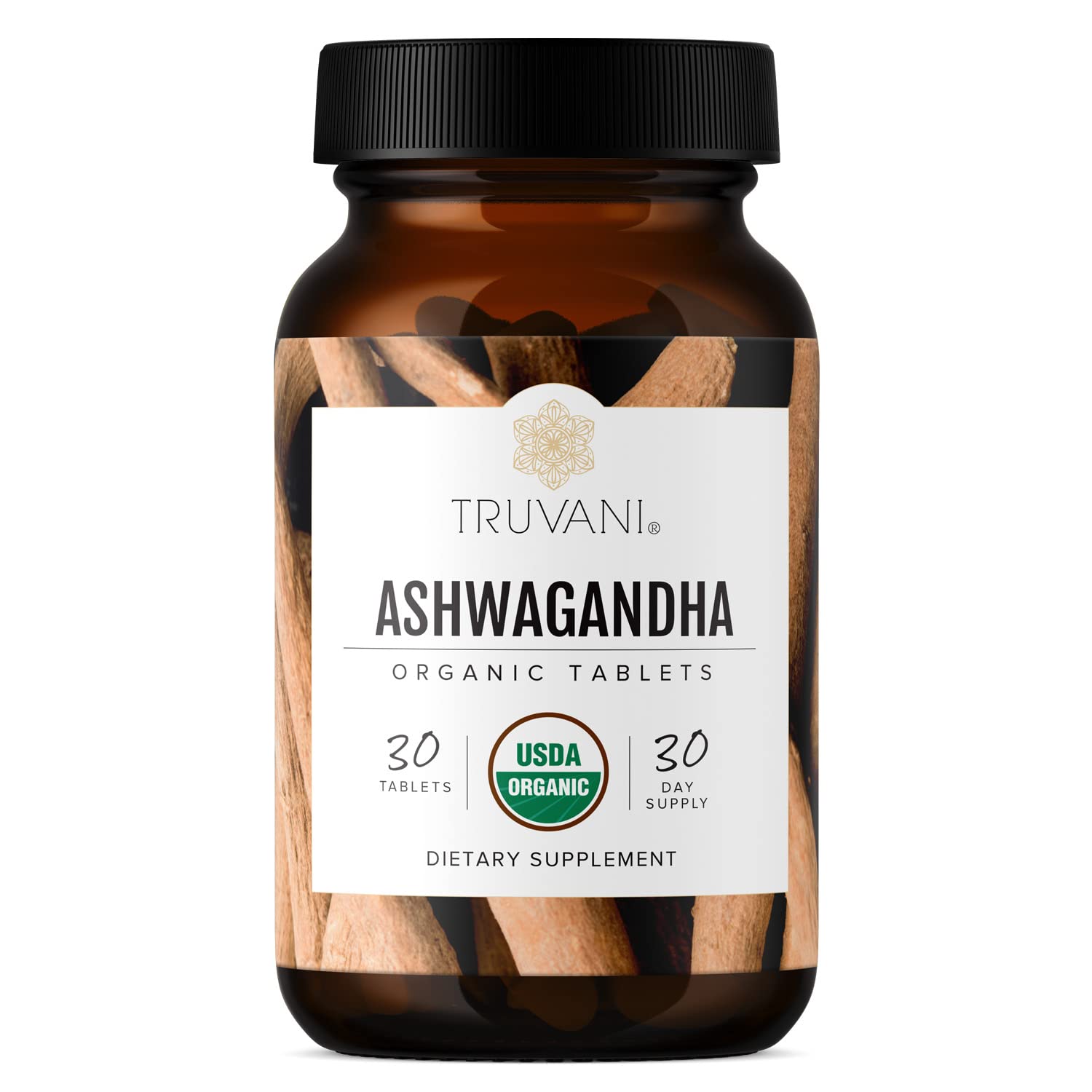 Truvani Ashwagandha frasco de cápsulas para apoyo de energía diaria.