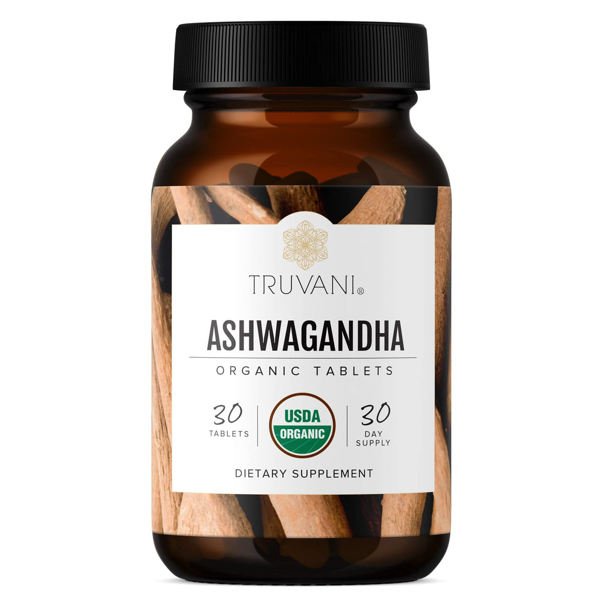 Truvani Ashwagandha frasco de cápsulas para apoyo de energía diaria.