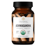 Truvani Ashwagandha frasco de cápsulas para apoyo de energía diaria.