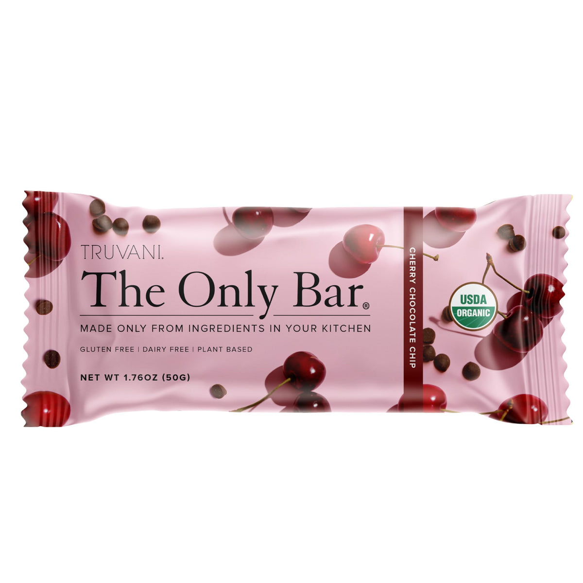 Barra Truvani sabor cereza con chispas de chocolate en empaque, snack práctico para llevar.