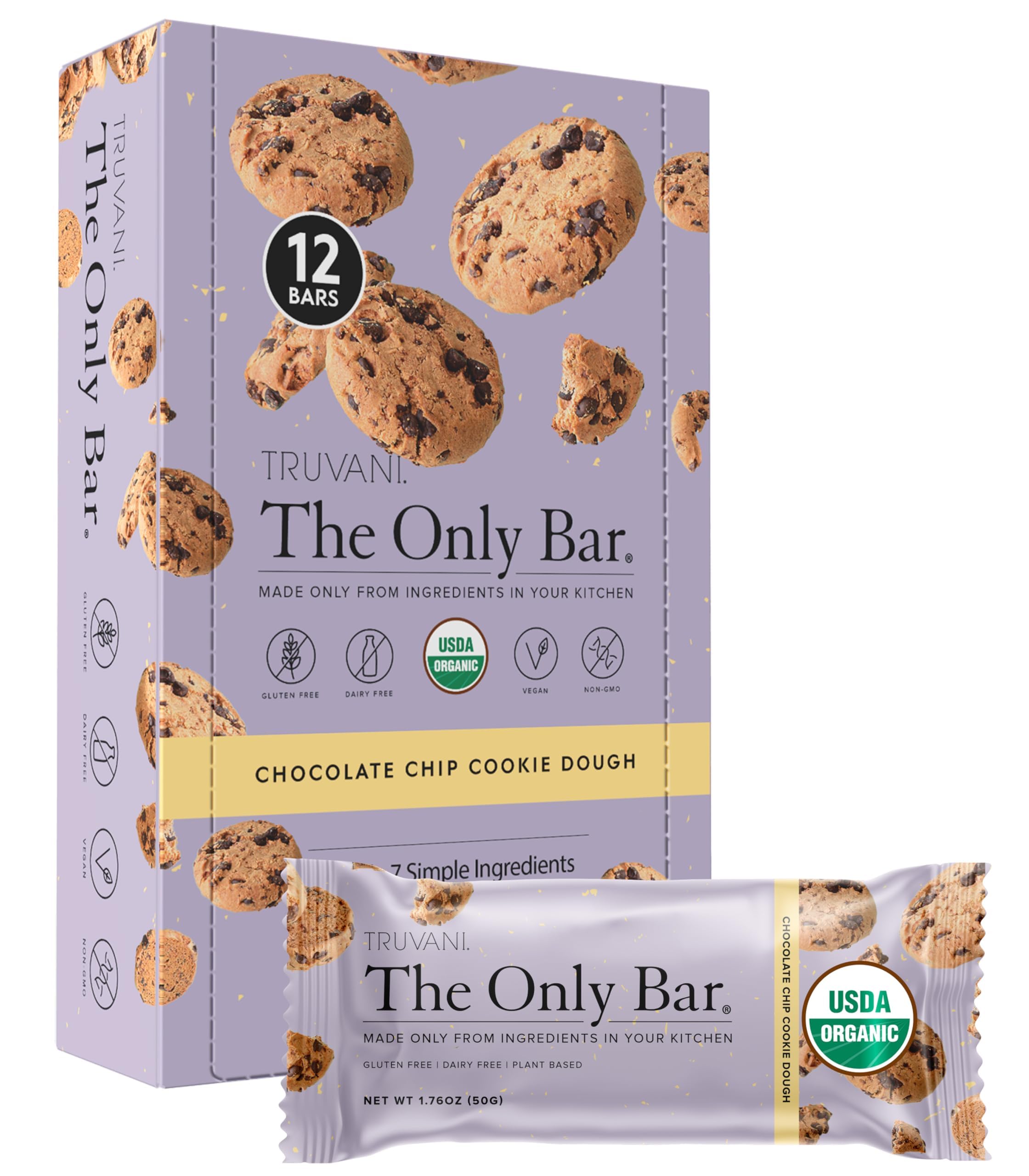 Barras Truvani Plant-Based Chocolate Chip Cookie Dough envueltas individualmente, snack práctico para cualquier momento.