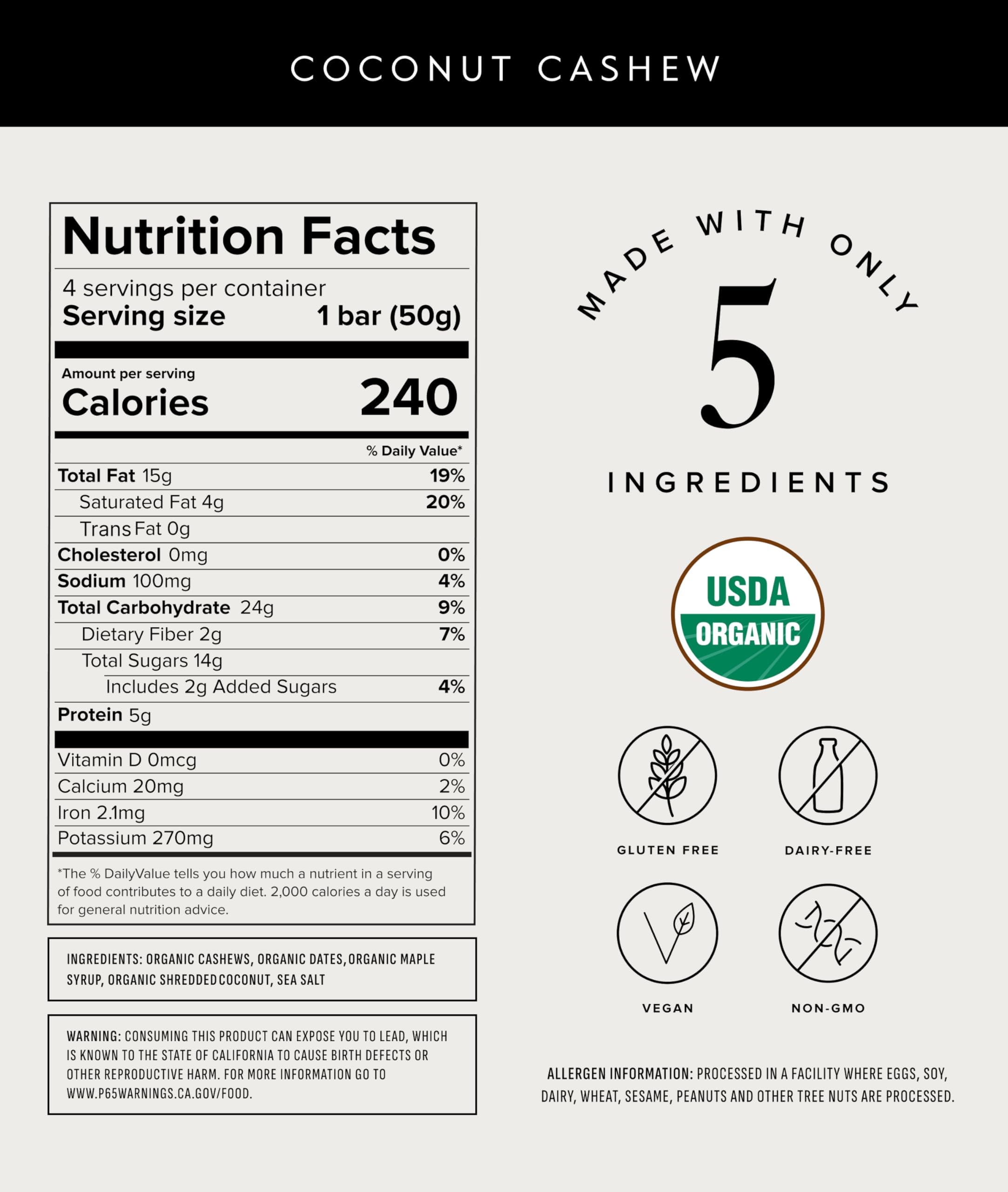 Primer plano de barra Truvani coco y anacardo, snack nutritivo para cualquier momento