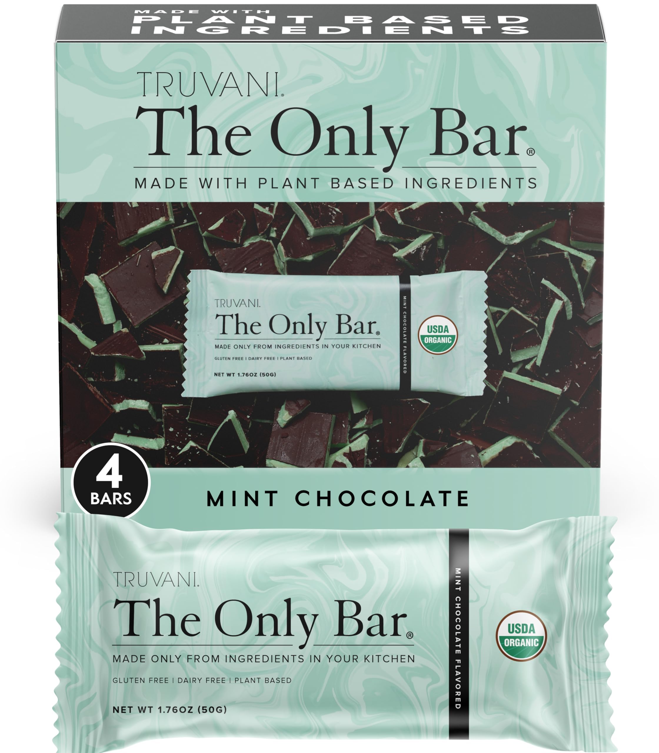 Barrita Truvani de chocolate menta en envase individual para snack rápido