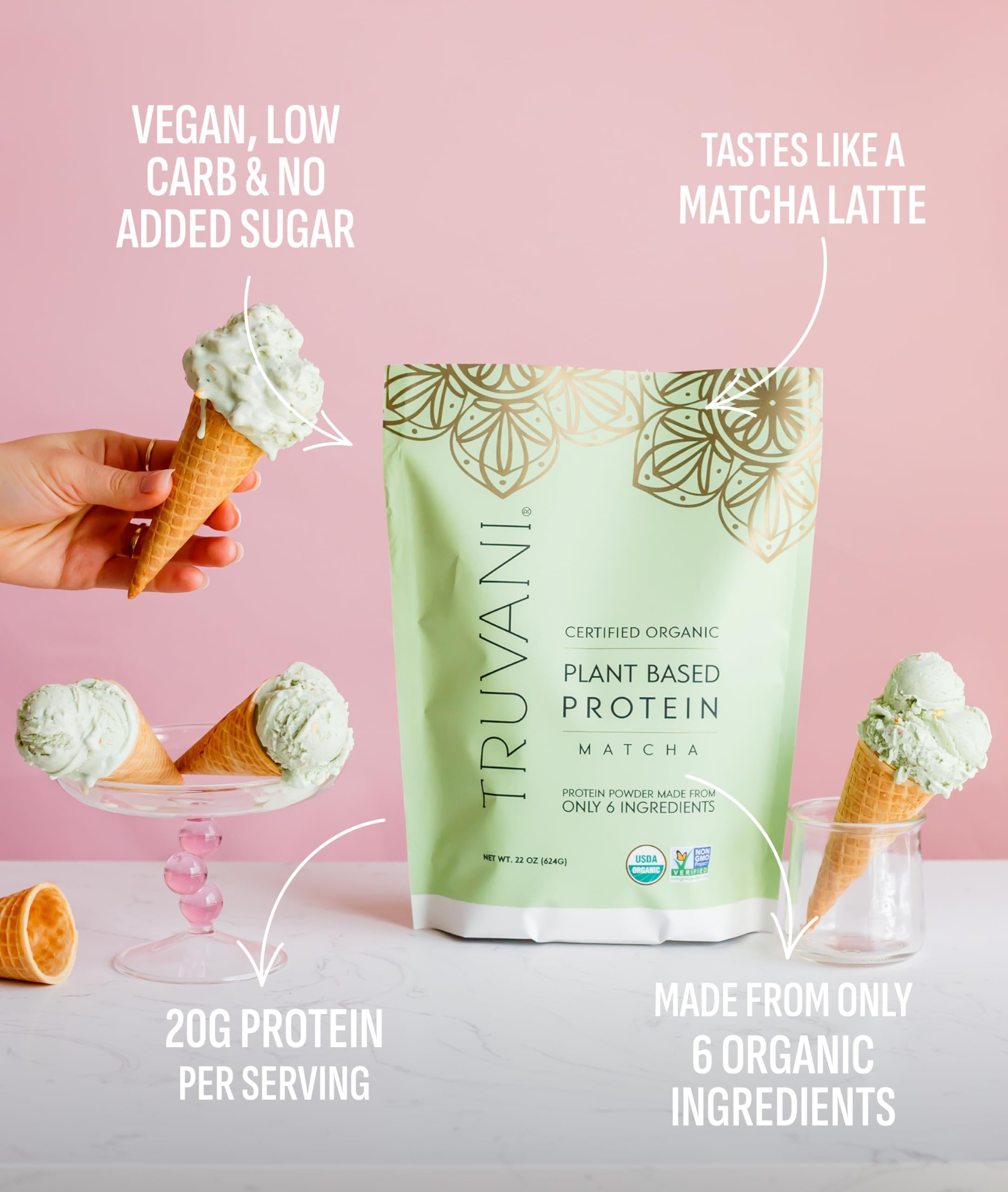 Bebida de proteína vegana Truvani, ideal para batidos.