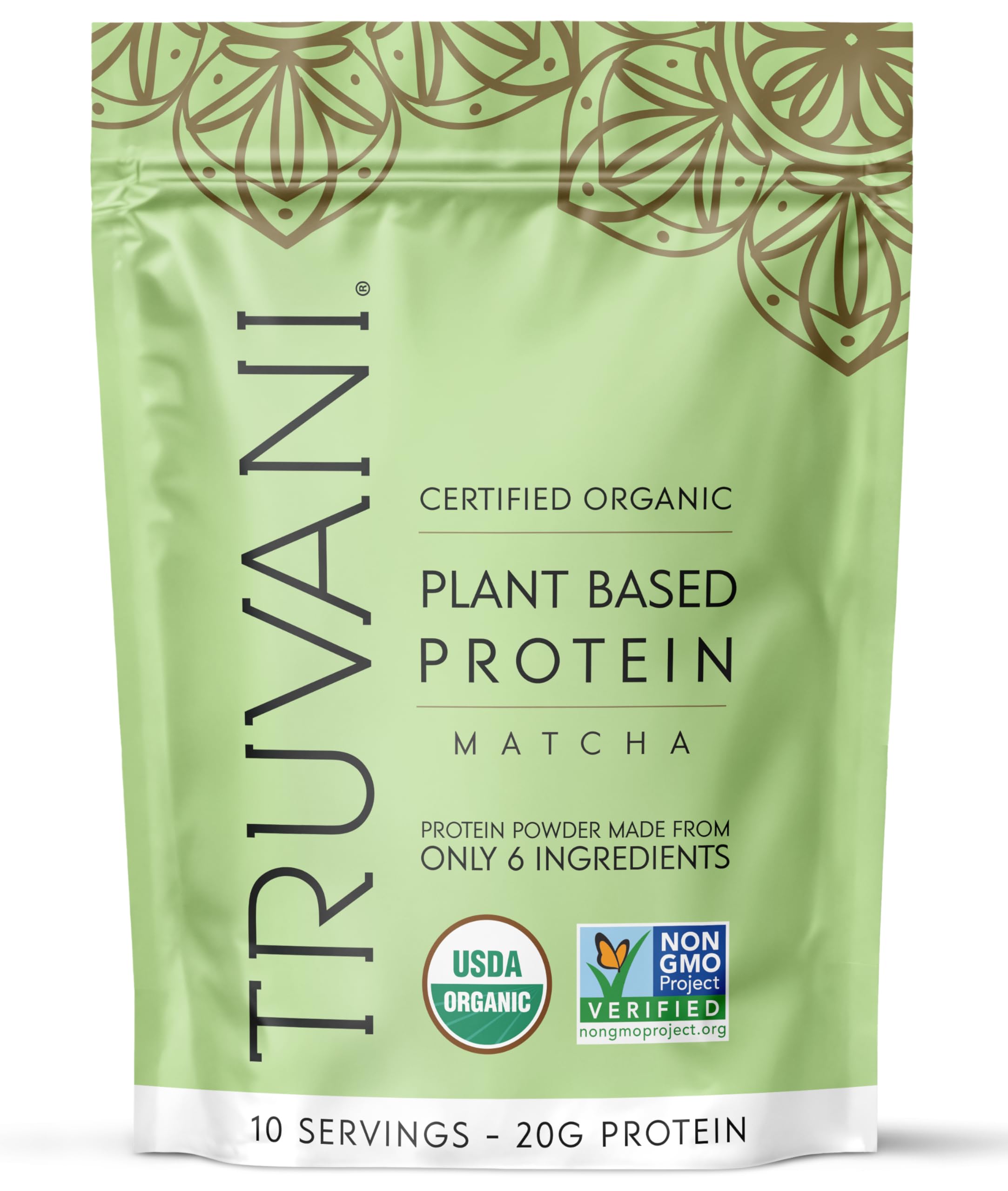 Envase de Truvani polvo proteína vegetal con enfoque matcha, ideal como base de batidos.