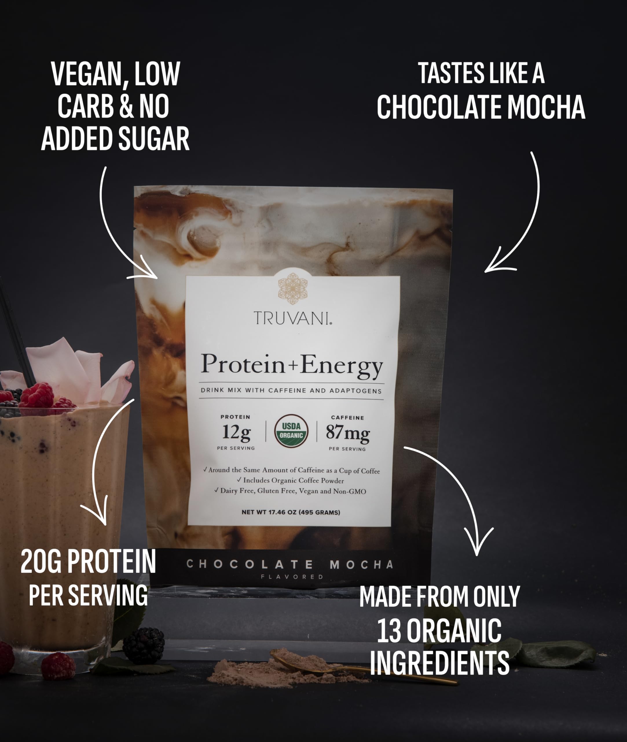 Truvani Protein Energy Chocolate Mocha, batido cremoso listo para empezar el día.