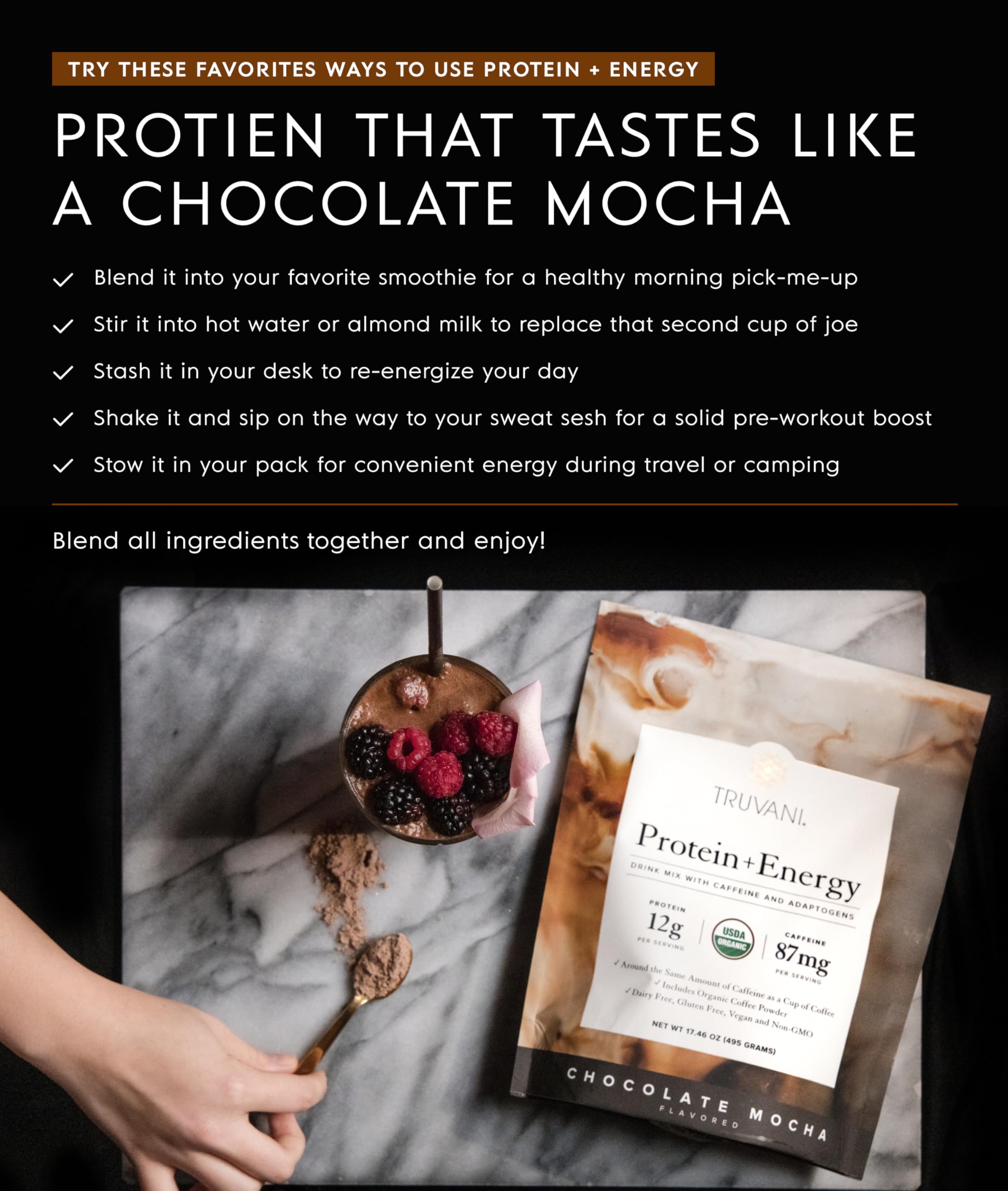 Truvani Protein Energy Chocolate Mocha, envase sostenible para un consumo consciente.