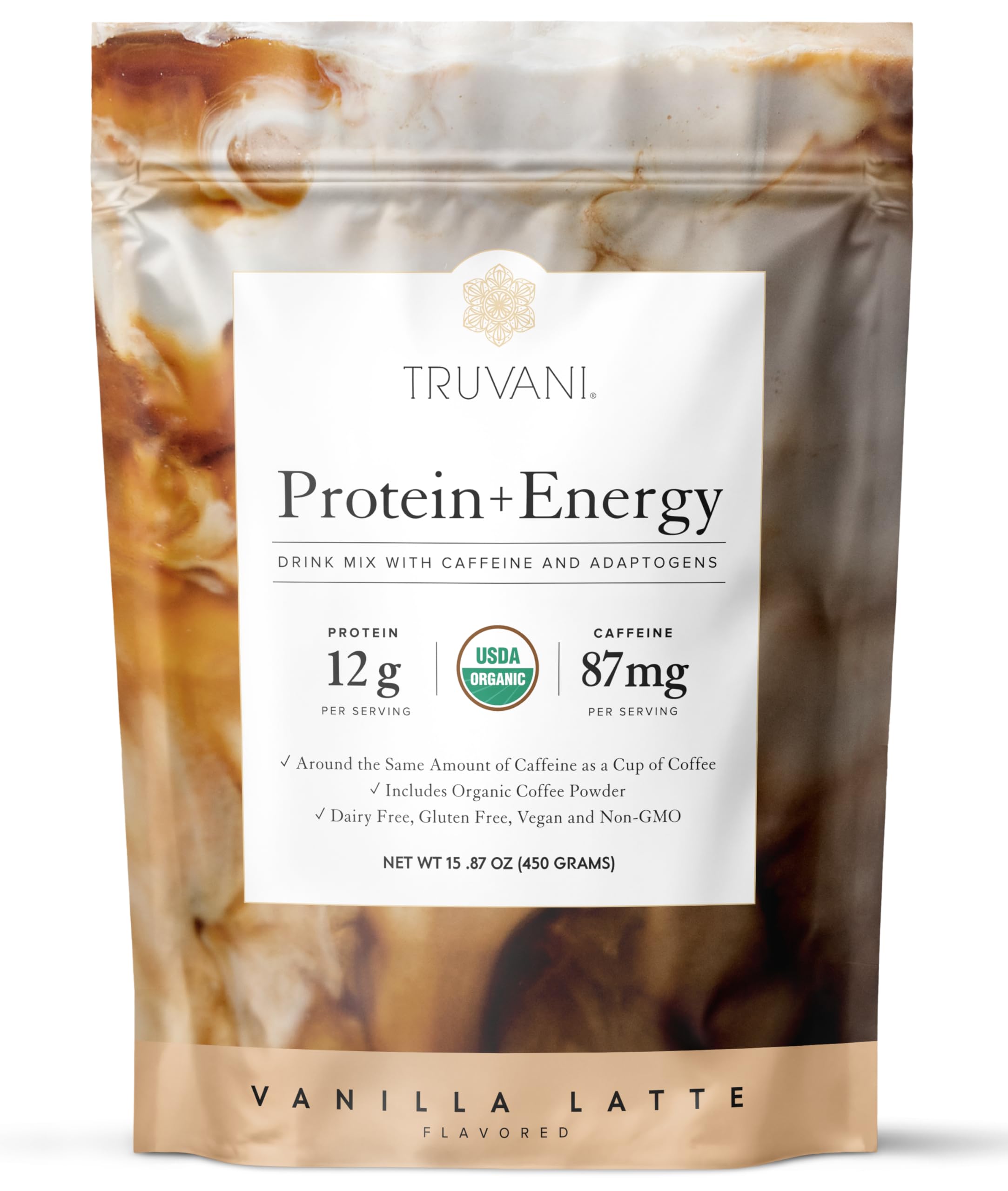 Truvani Protein + Energy en envase frontal, inicio de energía limpia
