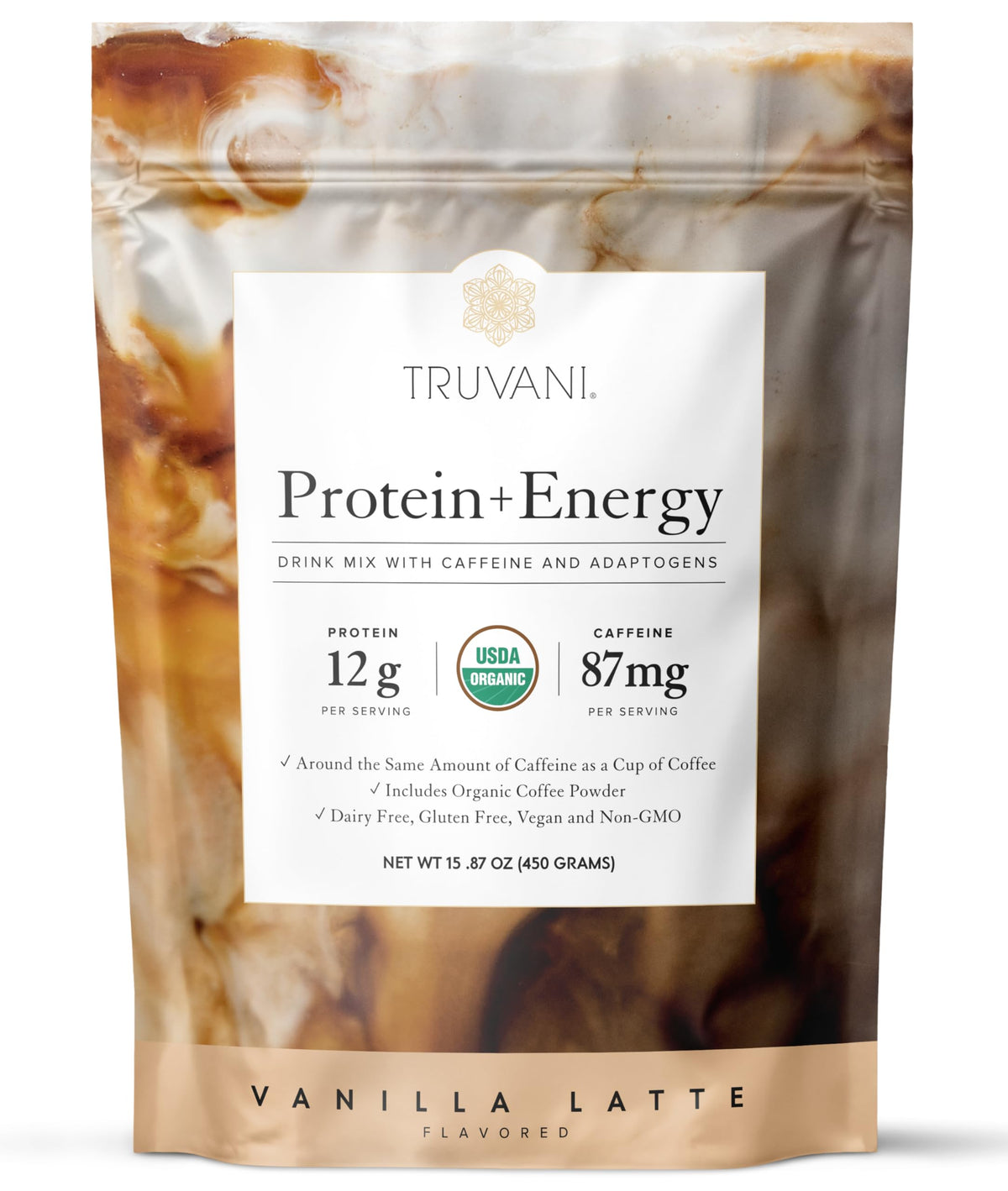 Truvani Protein + Energy en envase frontal, inicio de energía limpia
