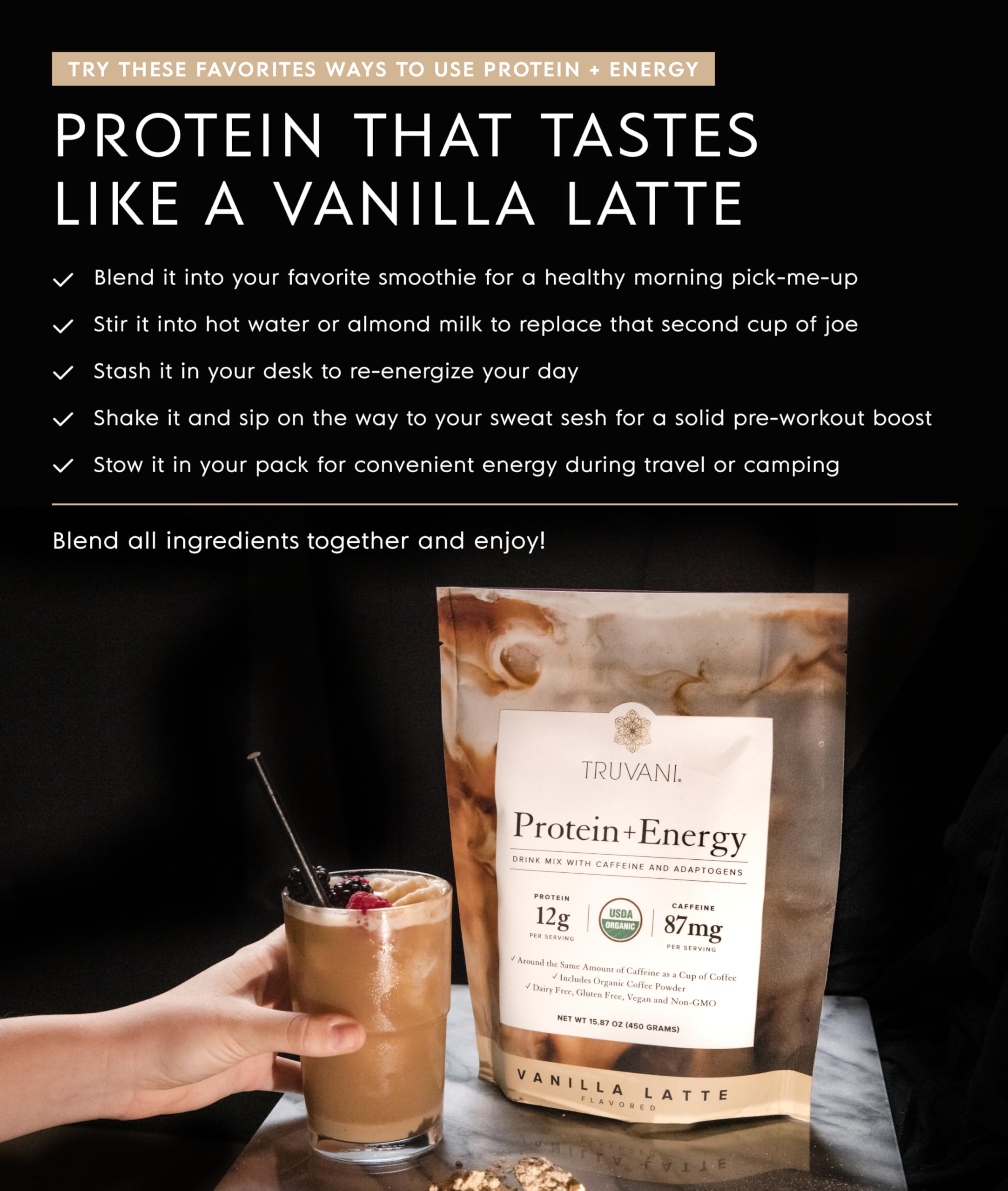 Etiqueta orgánica de Truvani Protein + Energy, opción limpia